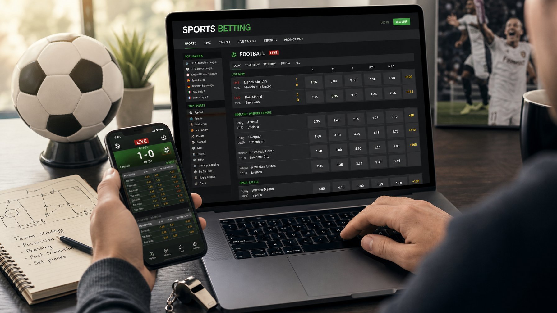 Seorang individu menggunakan laptop dan ponsel untuk memasang taruhan bola online di ruang kerja yang rapi dengan perlengkapan olahraga di latar belakang.