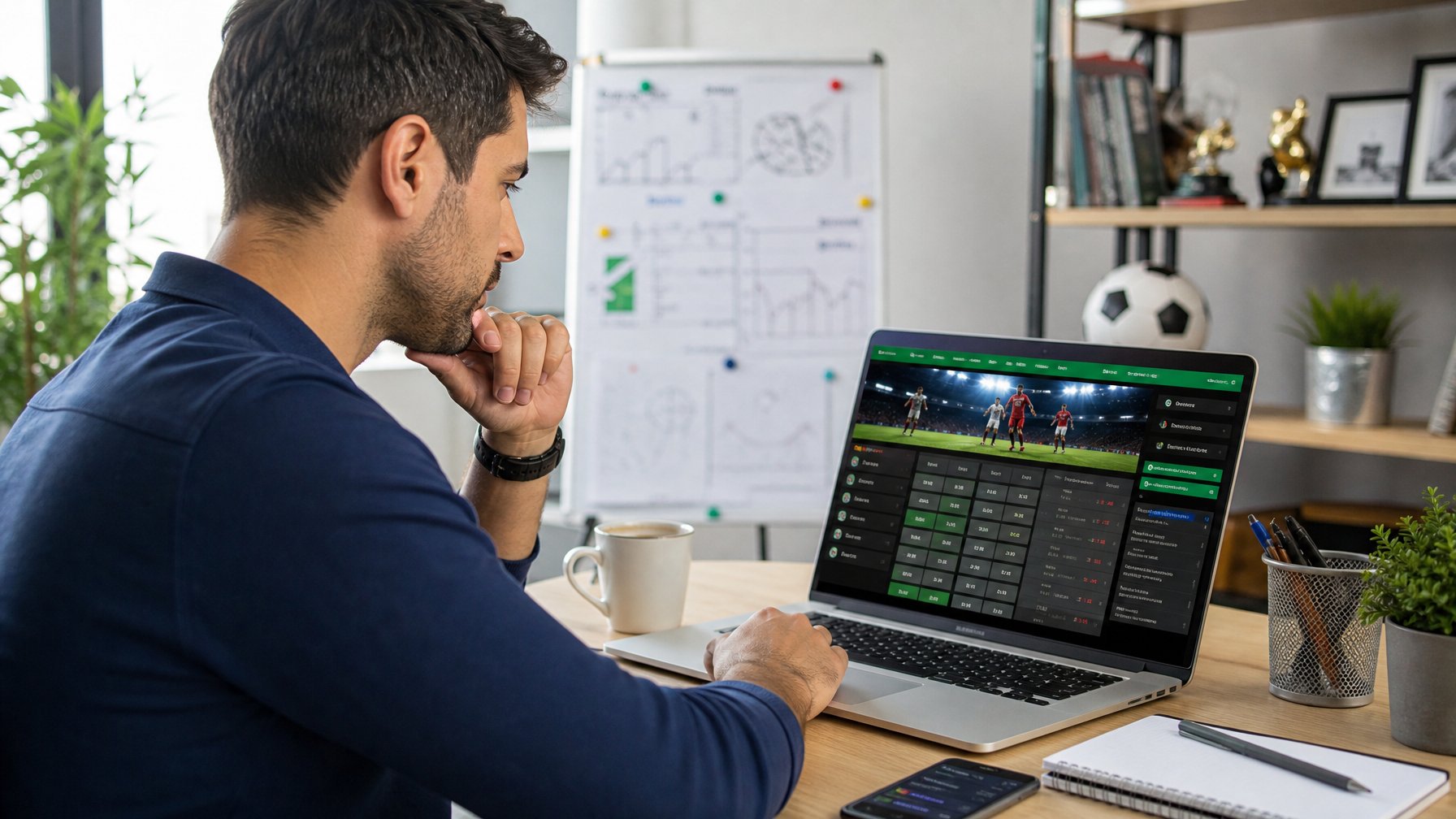 Seorang pria muda duduk di meja kerja dengan laptop, fokus melihat situs taruhan bola online dengan latar belakang papan putih berisi diagram strategi.