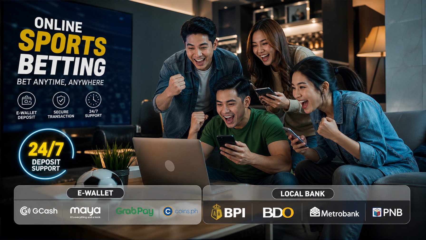 Orang-orang menggunakan perangkat digital dalam ruangan modern dengan ikon e-wallet dan bank lokal di latar belakang.