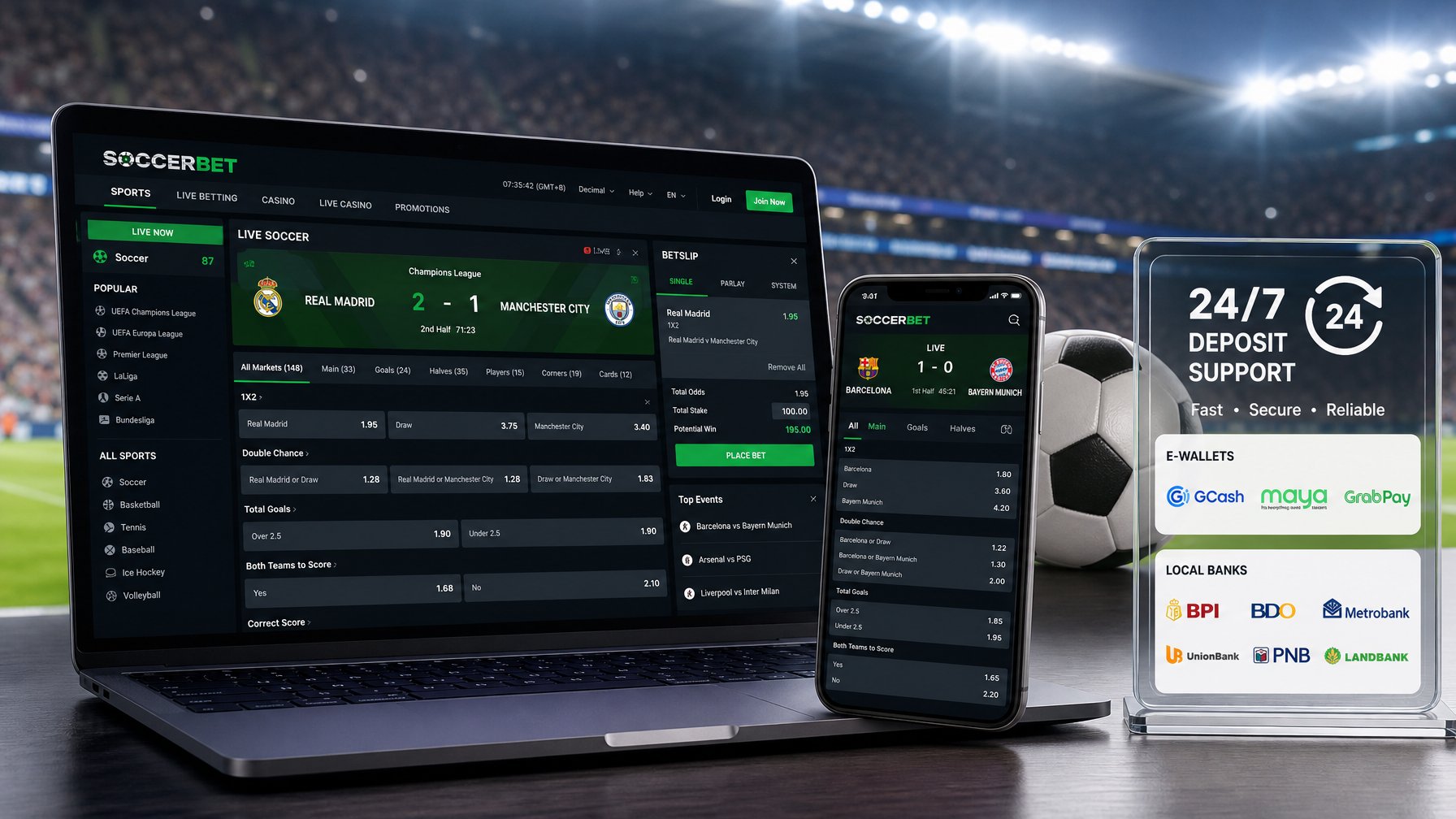 Seorang pengguna dengan laptop dan ponsel yang menampilkan situs judi bola online, dengan latar belakang stadion sepak bola yang ramai.
