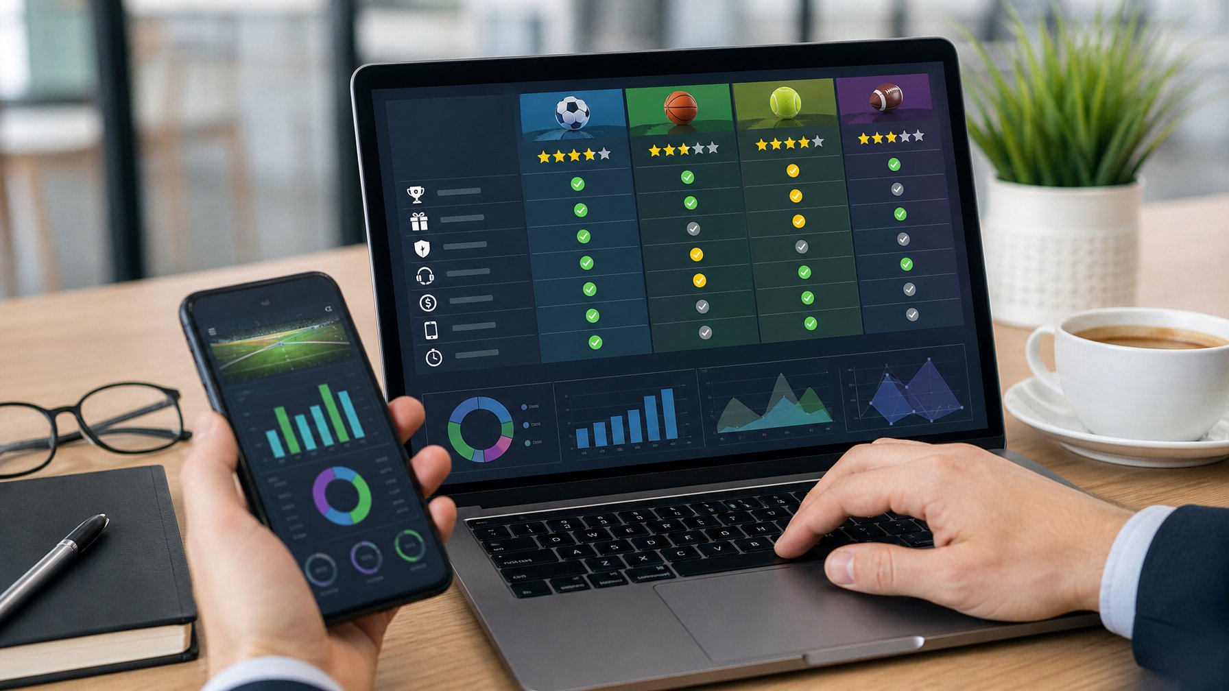 Seseorang sedang menggunakan laptop dan ponsel untuk membandingkan fitur, bonus, dan keamanan platform taruhan bola online di sebuah ruang kantor yang rapi.