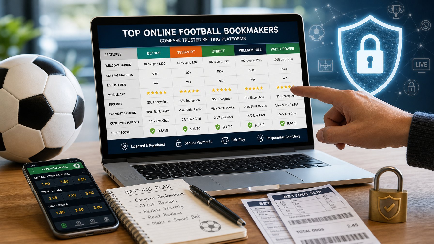 Seseorang menunjuk layar laptop yang menampilkan perbandingan platform bandar bola online dengan bola sepak dan simbol keamanan di sekitar meja kerja.