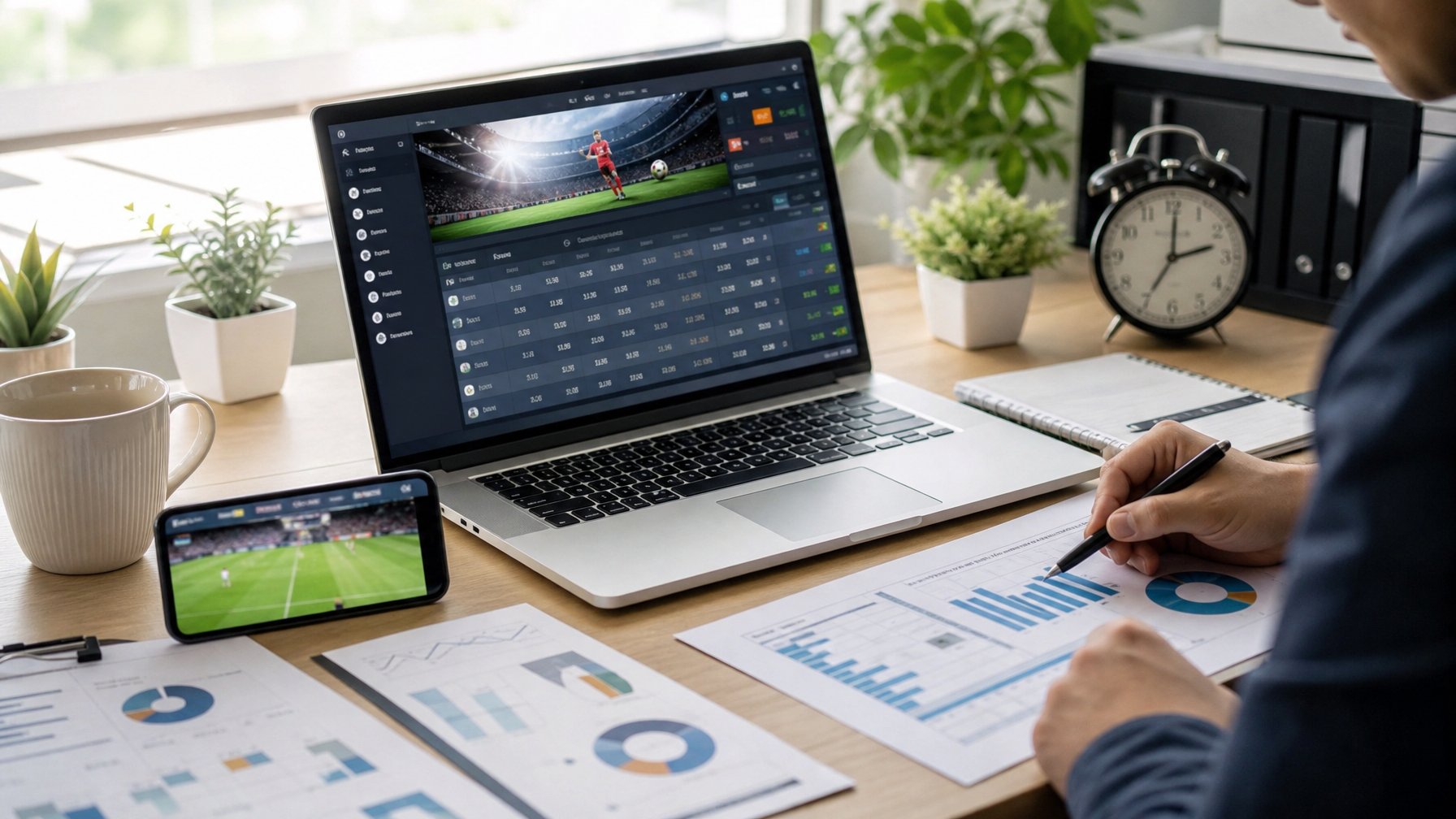 Seorang individu sedang bekerja di meja dengan laptop yang menampilkan antarmuka taruhan olahraga, dikelilingi oleh grafik dan catatan terkait peluang taruhan.
