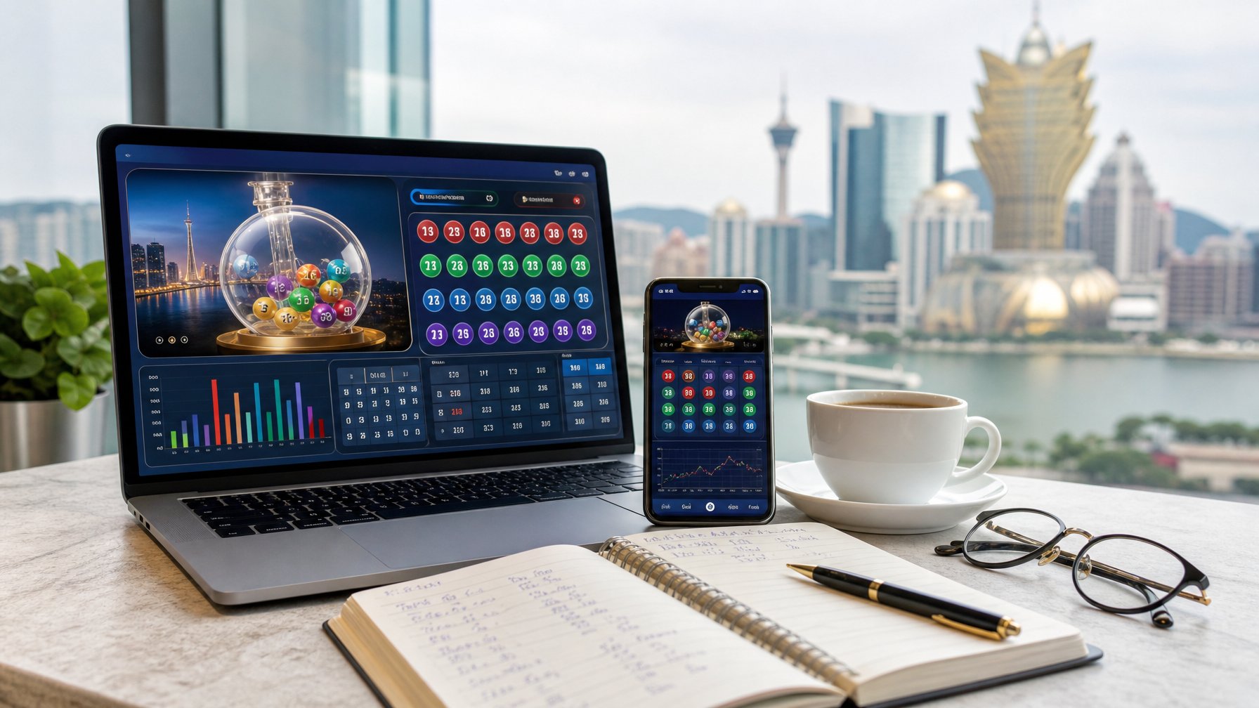 Seorang pengguna duduk di depan laptop dan ponsel yang menampilkan aplikasi togel online dengan latar belakang pemandangan kota Macau dan meja kerja yang rapi.