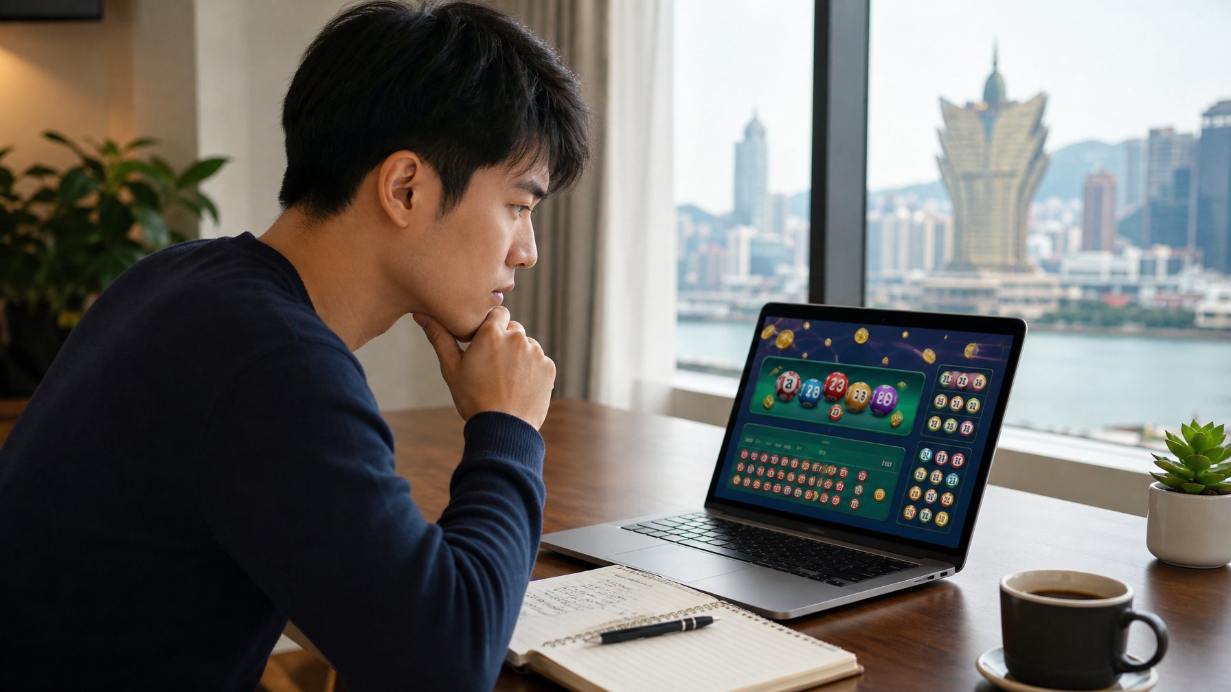 Seseorang muda sedang belajar bermain togel Macau secara online di depan laptop di meja kerja dengan suasana yang tenang dan fokus.