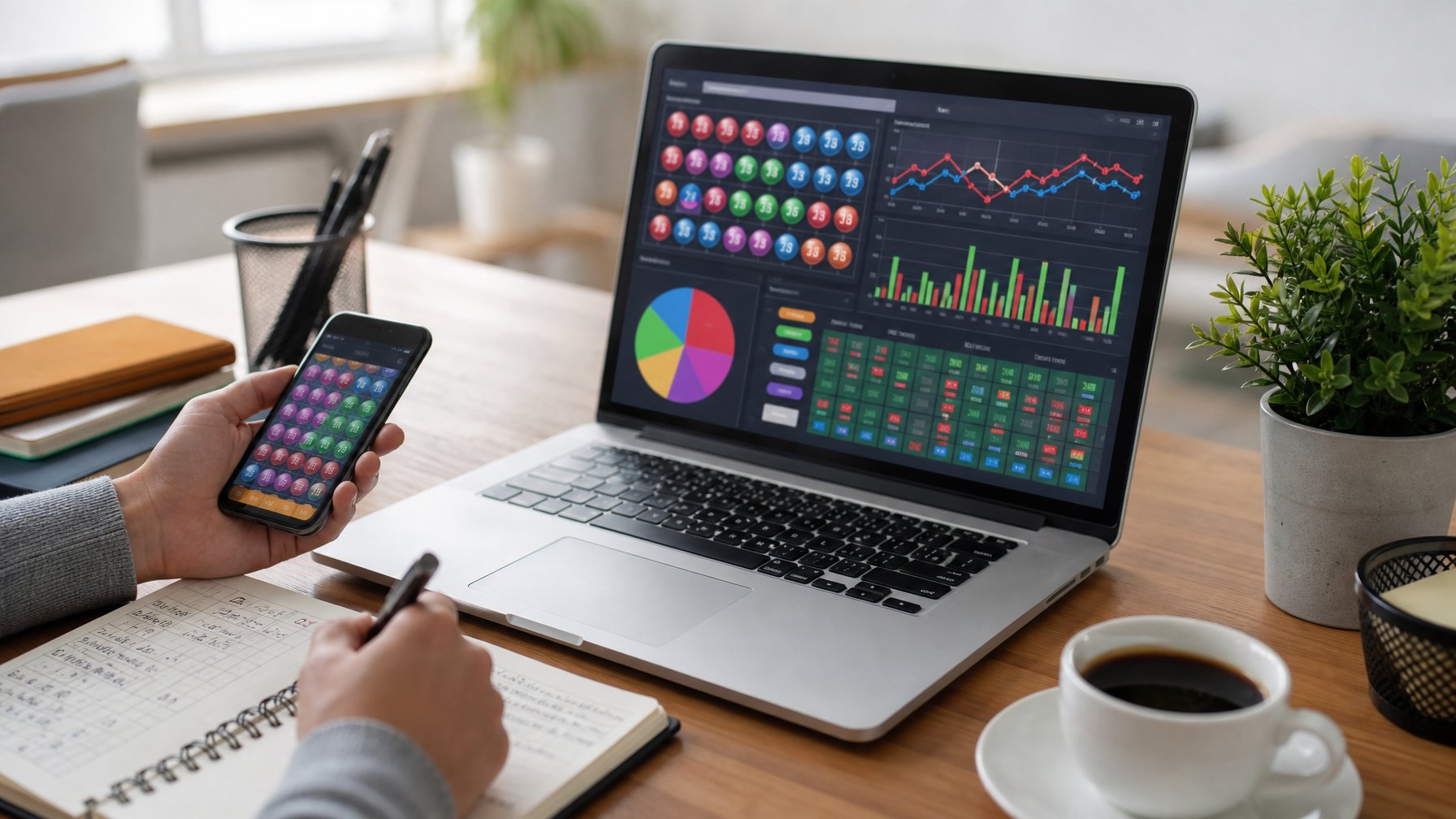 Seseorang belajar bermain Togel Macau online dengan laptop dan smartphone di meja kerja yang rapi.