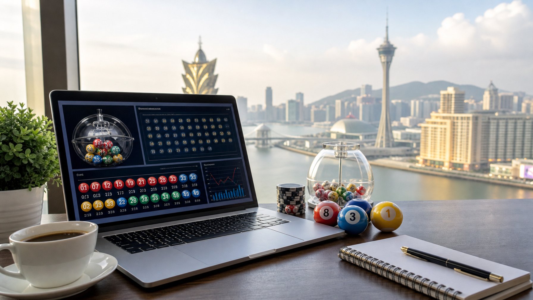 Meja kerja modern dengan laptop menampilkan antarmuka lotere digital, bola lotere bernomor, dan latar belakang kota Macau dengan menara dan kasino.