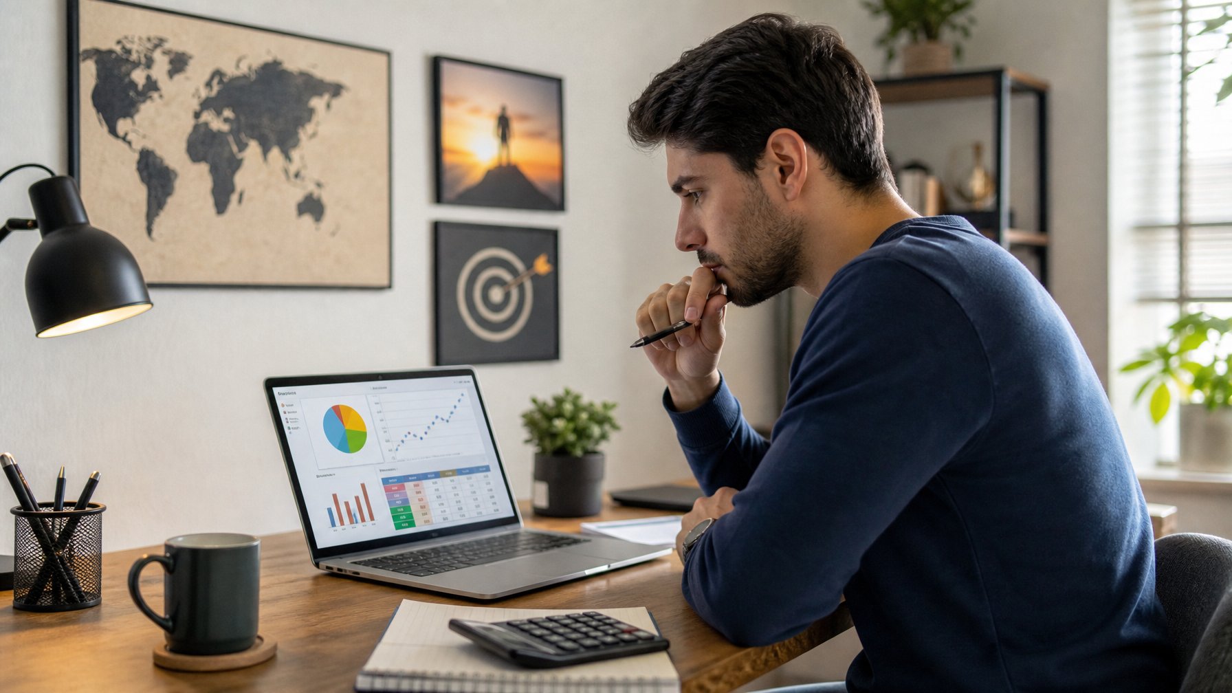 Seorang pria muda duduk di meja kerja dengan laptop, menganalisis grafik dan catatan, menunjukkan fokus pada perencanaan strategi dan pengelolaan uang.