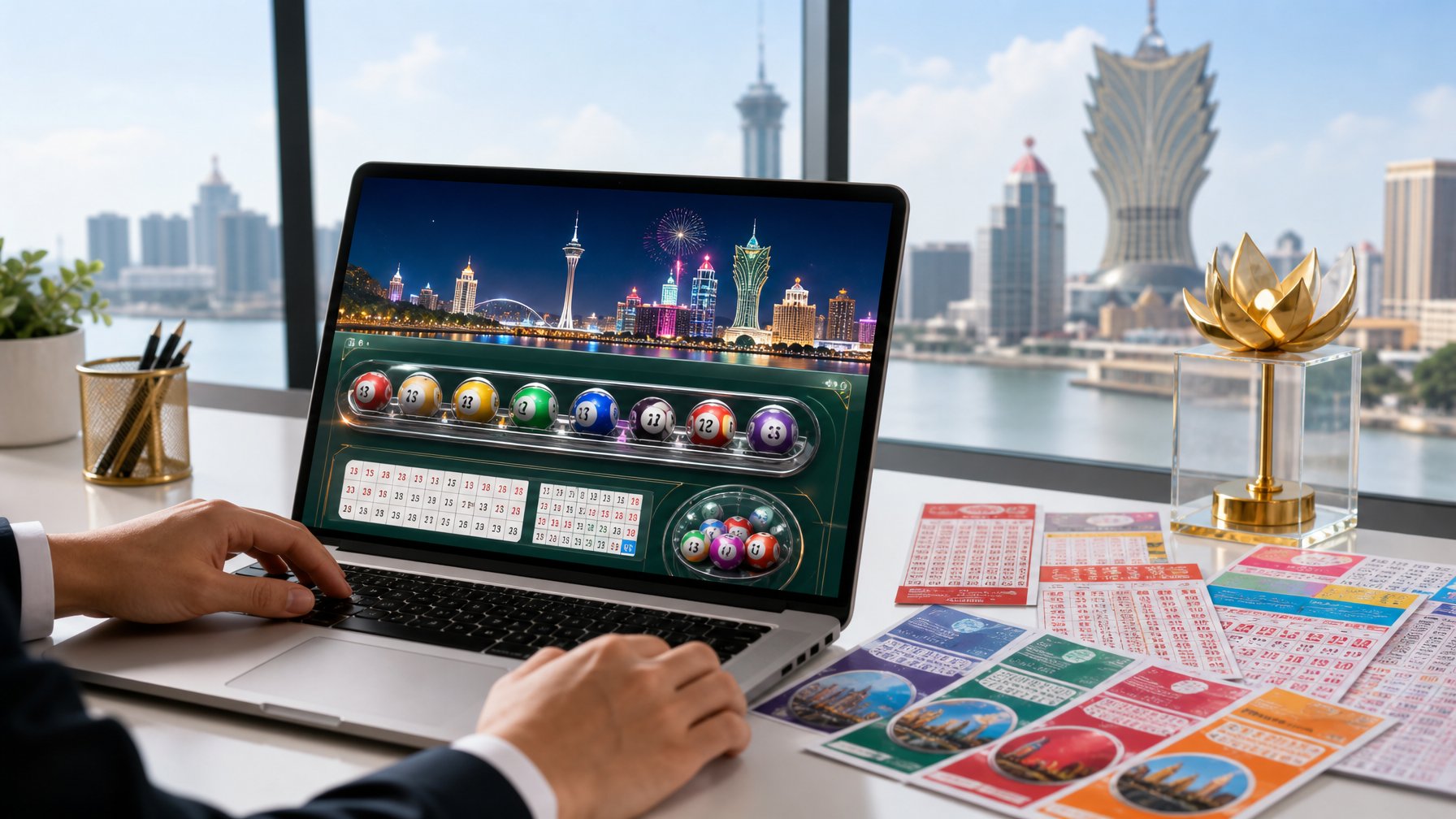 Seorang pengguna sedang menggunakan laptop dengan tampilan antarmuka lotere online bertema Macau, dikelilingi oleh tiket lotere dan grafik pasar lotere lainnya di meja kerja.