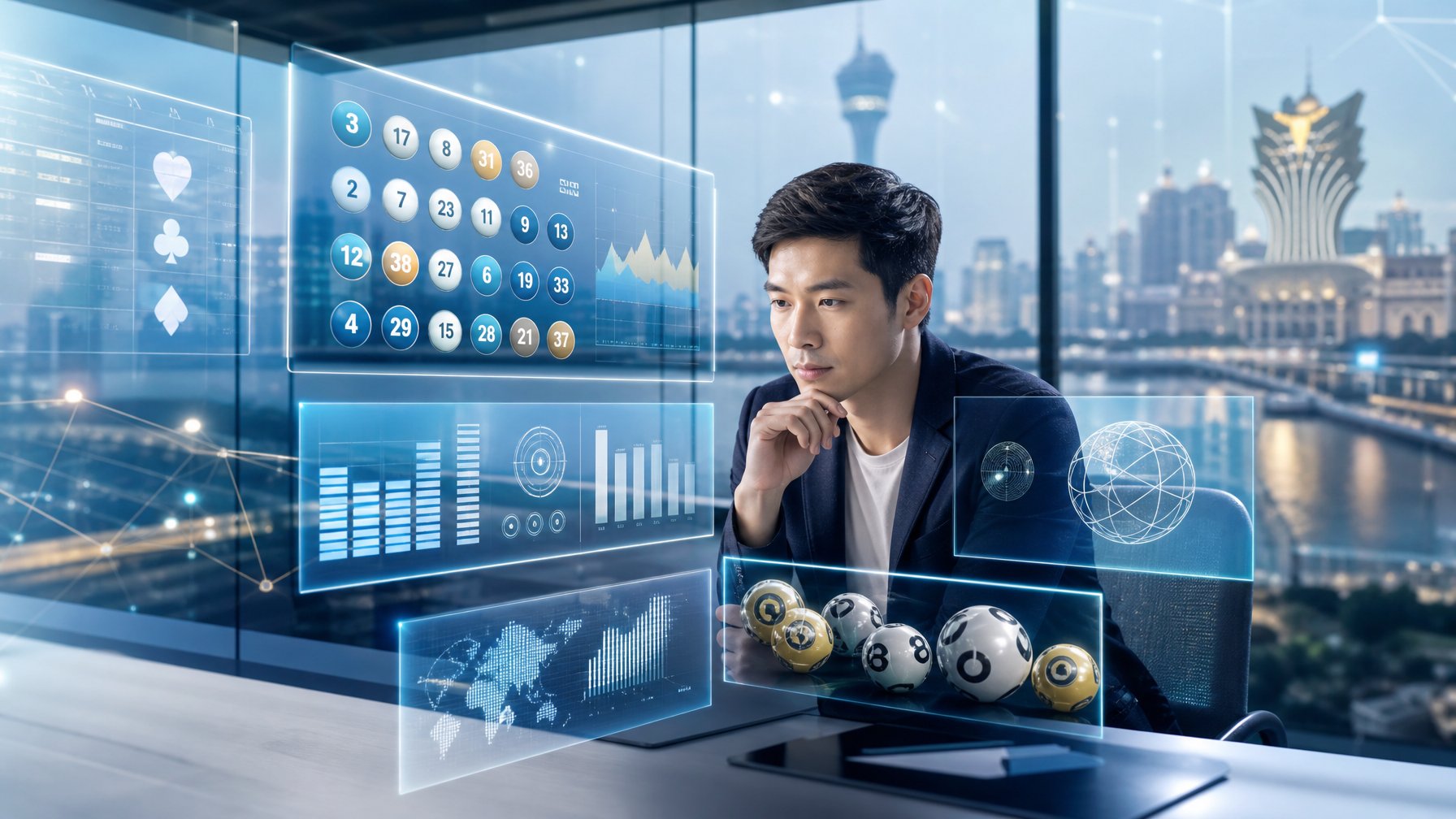 Seorang profesional sedang menganalisis data lotre Macau di depan layar digital dengan latar belakang pemandangan kota Macau.