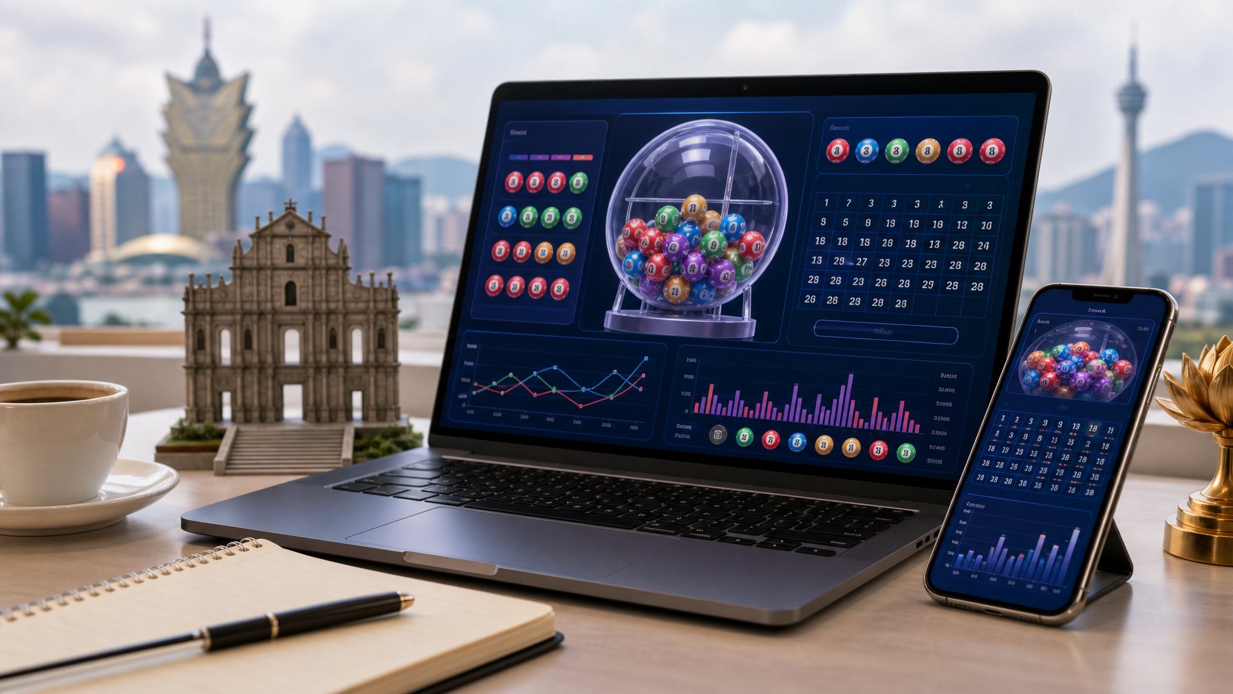 Seorang pengguna sedang melihat layar perangkat dengan antarmuka lotere online, dengan latar belakang siluet bangunan terkenal di Macau.
