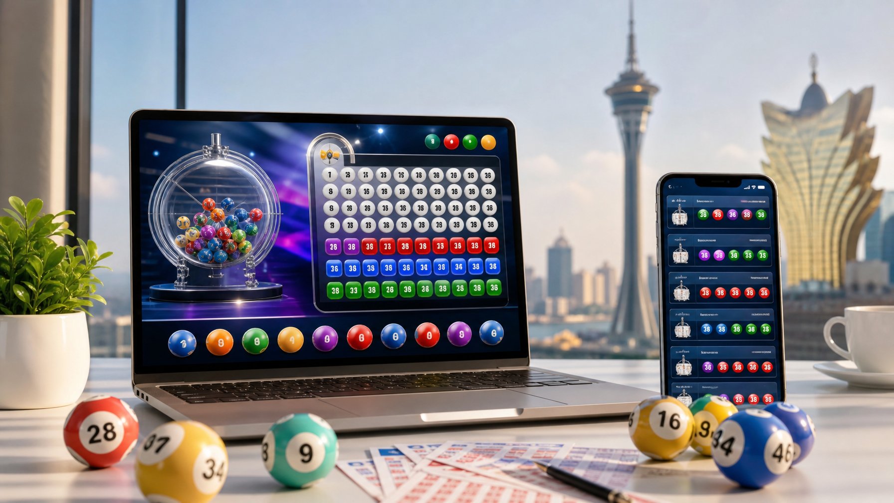 Meja kerja modern dengan laptop dan ponsel menampilkan antarmuka permainan togel online, dengan bola togel berwarna-warni dan latar belakang yang samar menunjukkan pemandangan kota Macau.