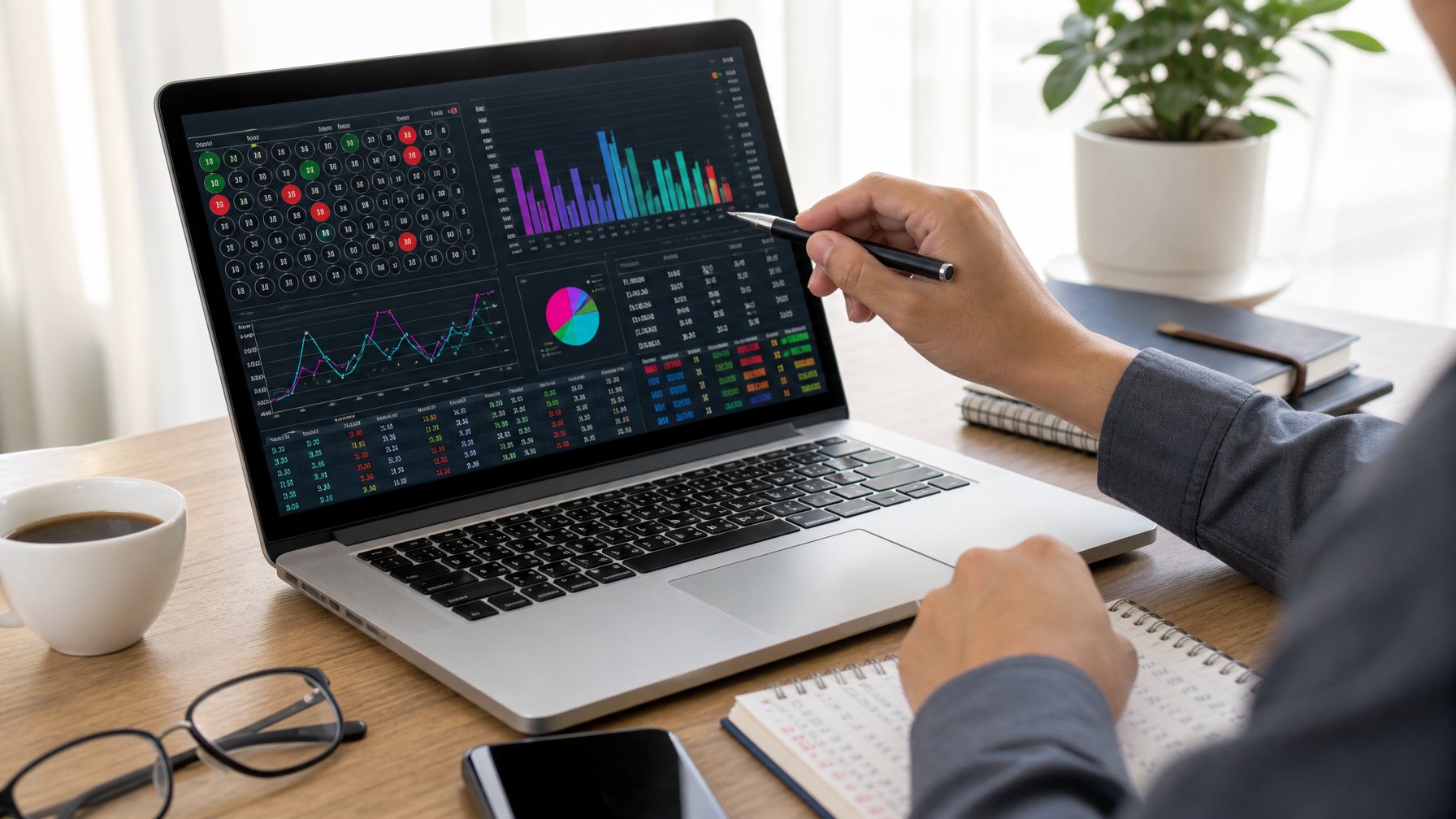 Seseorang sedang menganalisis data togel Macau online di depan laptop dengan grafik dan catatan di meja kerja.