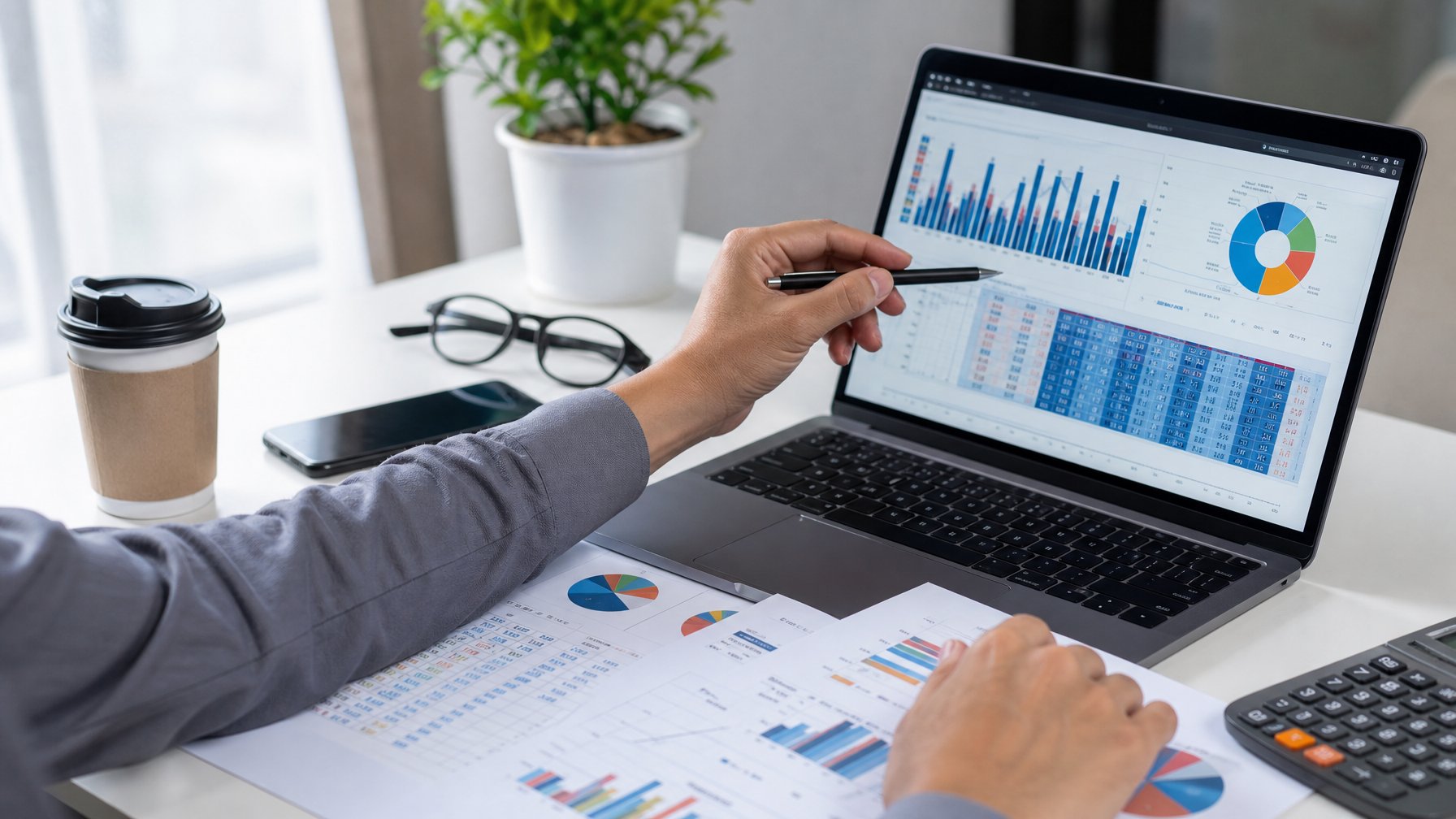 Meja kerja dengan laptop yang menampilkan grafik data togel Macau, tangan seseorang menunjuk layar sambil menganalisis angka.