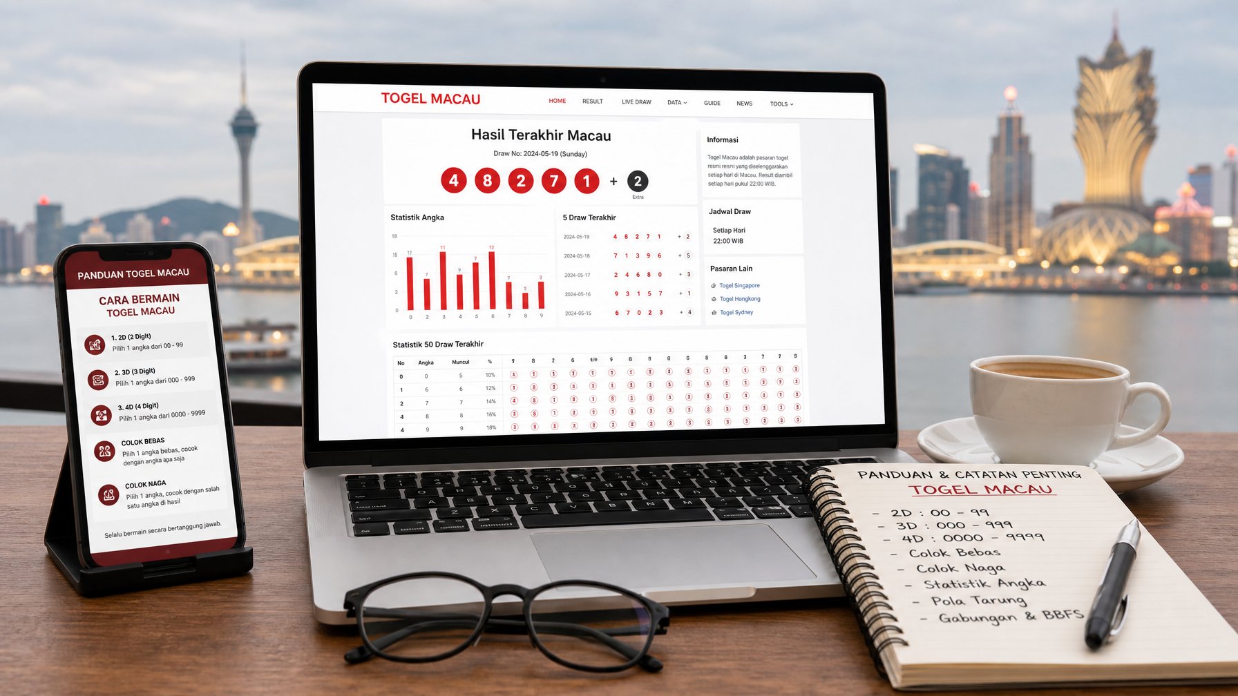 Meja kerja dengan laptop, ponsel, dan buku catatan yang menampilkan informasi tentang togel Macau, dengan latar belakang pemandangan kota Macau yang samar.