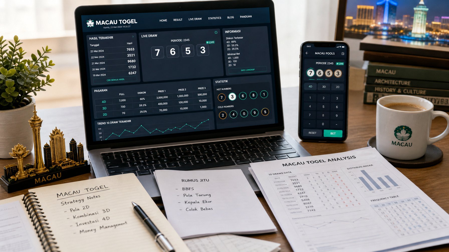 Meja kerja dengan laptop yang menampilkan hasil dan data togel Macau, dokumen dan ponsel di sekitarnya, serta dekorasi kecil yang menggambarkan lanskap Macau.