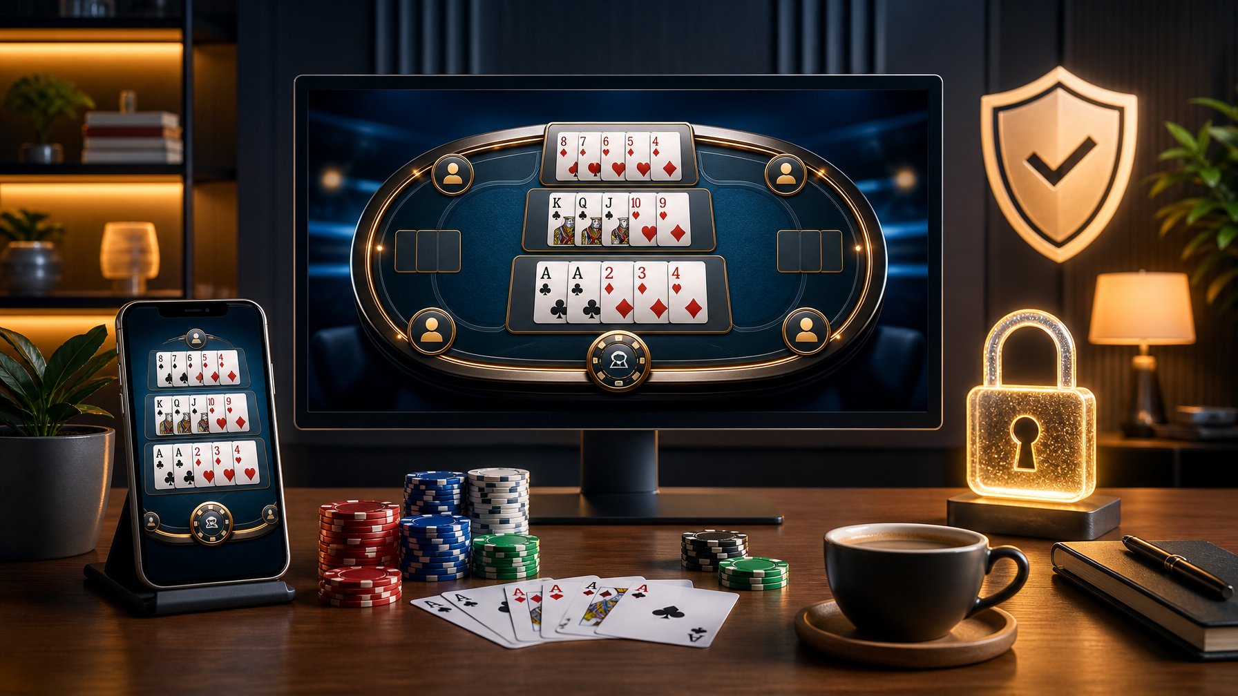 Seorang pemain duduk di depan komputer dan smartphone dengan tampilan permainan kartu Capsa Susun, di meja terdapat chip poker dan kartu, suasana ruangan nyaman dan terang.