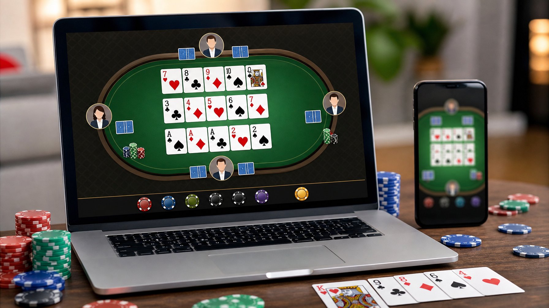Seorang pemain menggunakan laptop dengan tampilan permainan Capsa Susun online, dikelilingi oleh kartu remi dan chip poker di atas meja kerja.