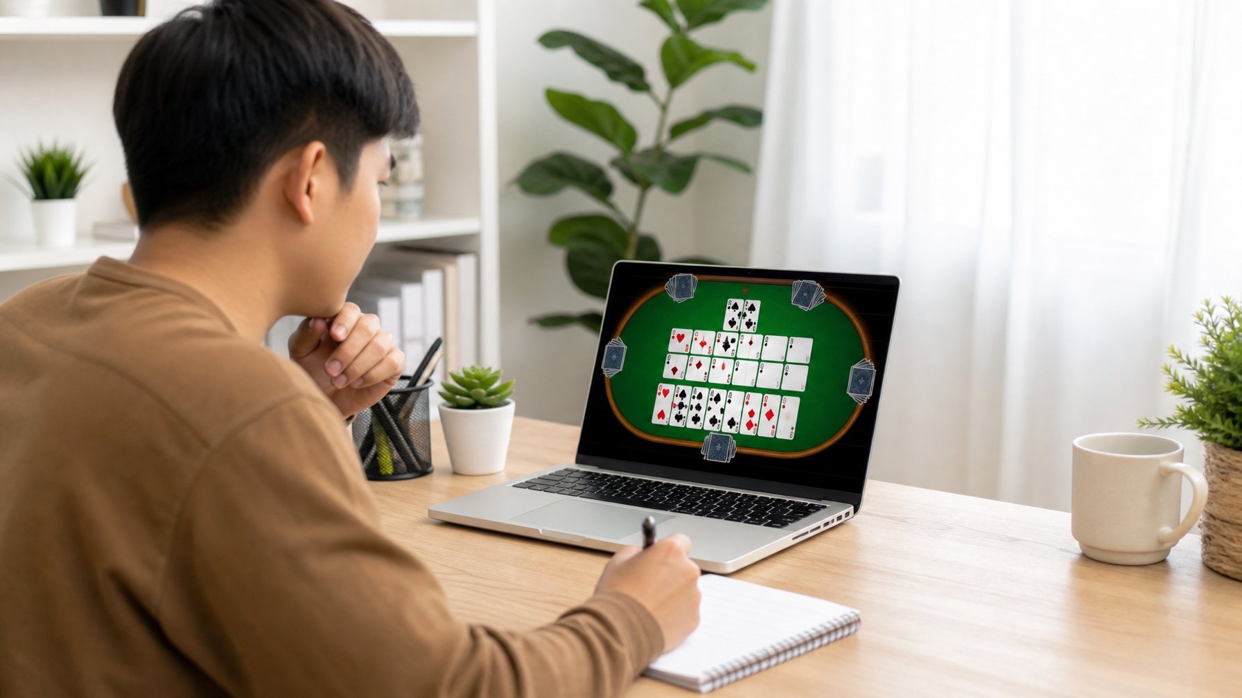 Seorang pemula sedang belajar bermain judi Capsa Susun online di depan laptop di ruang kerja rumah yang terang.