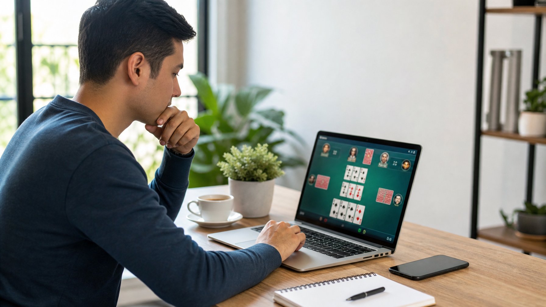 Seseorang sedang bermain permainan kartu secara online di laptop dengan ekspresi fokus di sebuah meja kerja yang rapi.