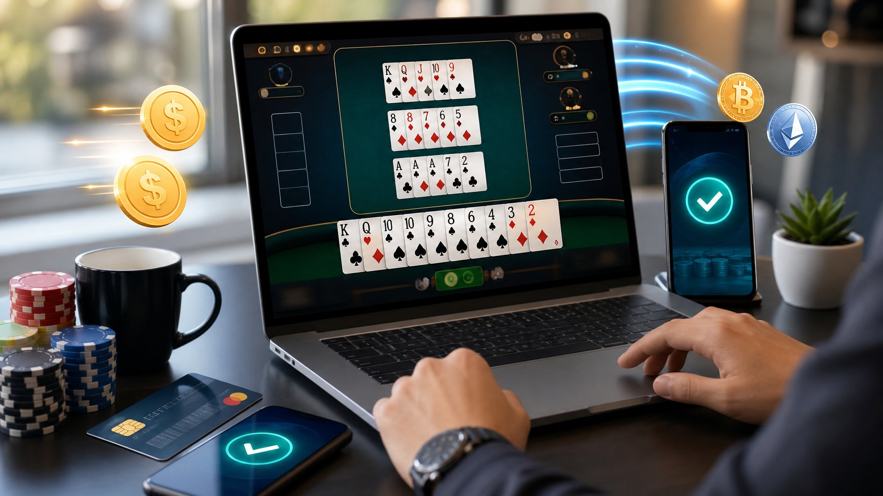 Seseorang menggunakan perangkat digital untuk bermain Capsa Susun online dengan simbol transaksi cepat di sekitarnya.