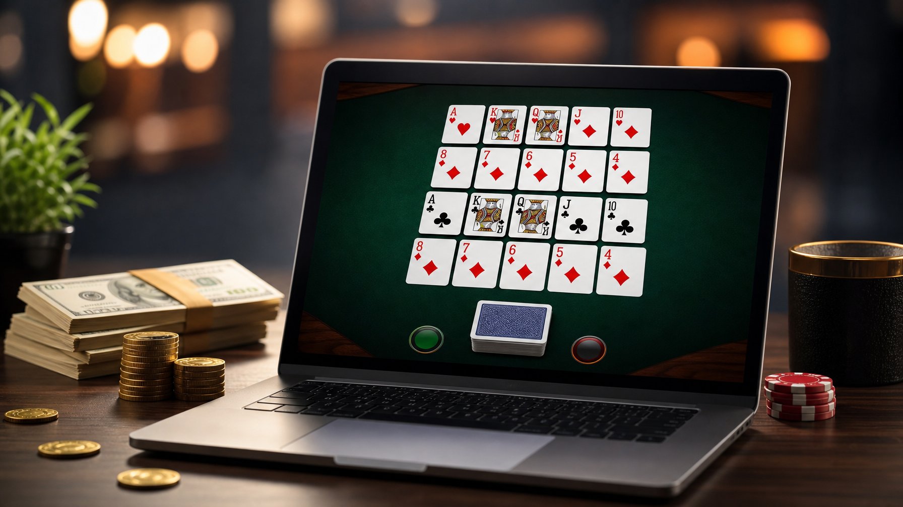Seorang pemain menggunakan laptop untuk bermain Capsa Susun online dengan kartu dan uang di sekitar perangkat.