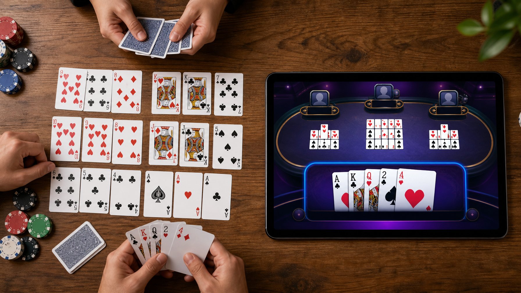 Pemandangan atas meja dengan permainan kartu tradisional dan layar perangkat digital yang menampilkan permainan kartu online.