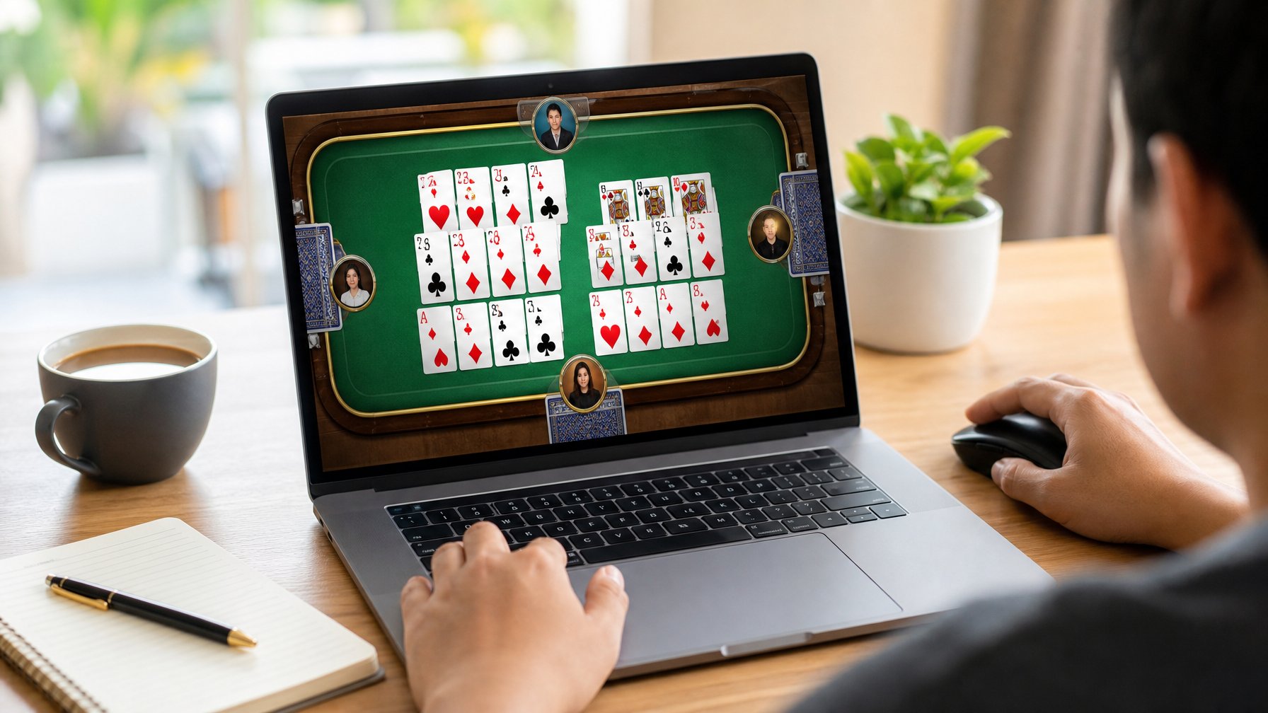 Seseorang bermain permainan kartu Capsa Susun secara online di depan komputer dengan kartu tertata rapi dan suasana kerja yang tenang.