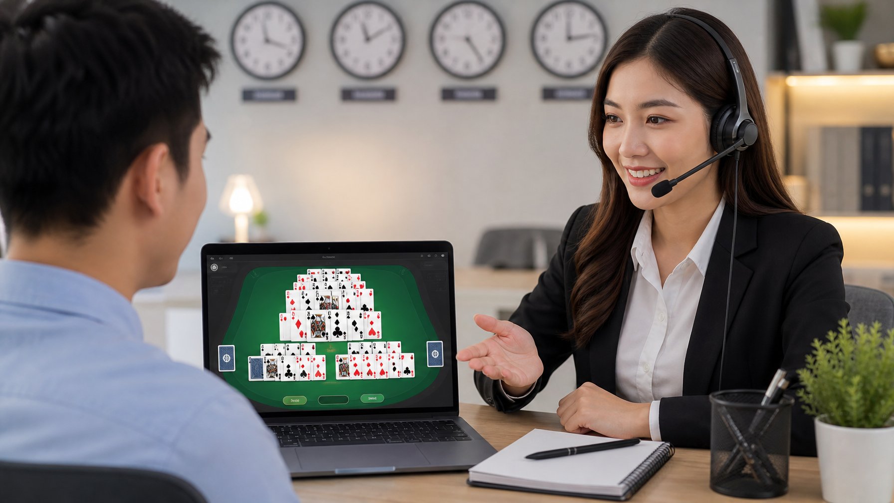 Seorang perwakilan layanan pelanggan dengan headset membantu pemain di depan laptop yang menampilkan permainan kartu Capsa Susun secara online.