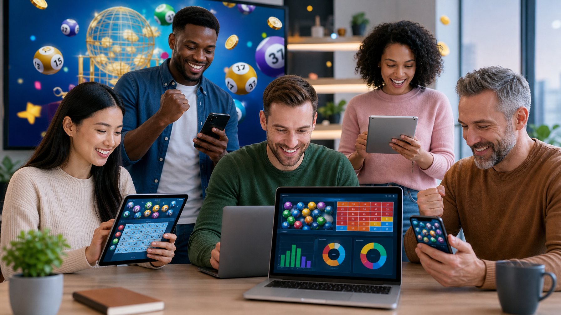Orang-orang menggunakan perangkat digital untuk bermain togel online dengan suasana modern dan cerah.
