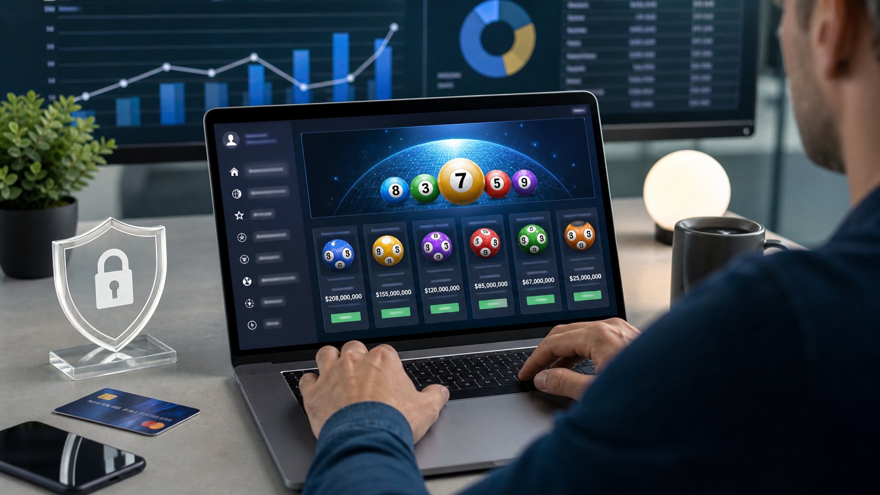 Seorang pria menggunakan laptop di meja kerja modern dengan tampilan platform togel online dan grafik di latar belakang.