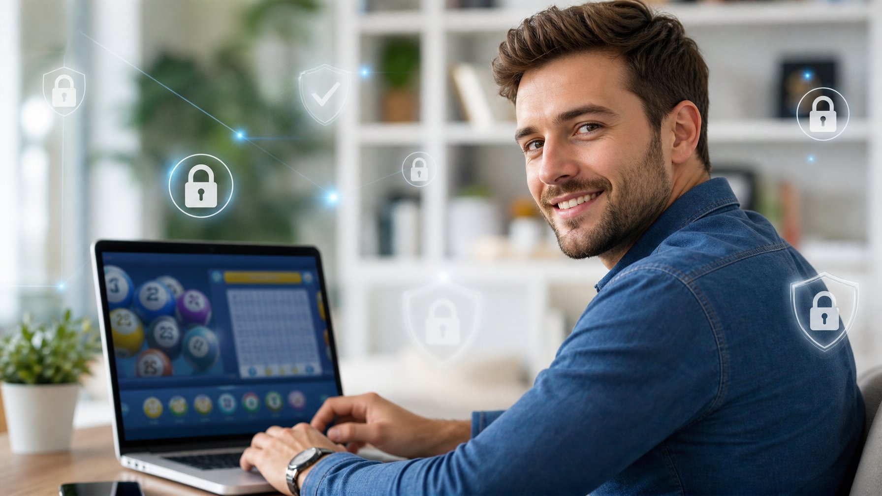 Seorang dewasa muda menggunakan laptop di meja yang rapi dengan ikon keamanan digital mengambang di sekitar, menggambarkan lingkungan taruhan online yang aman.