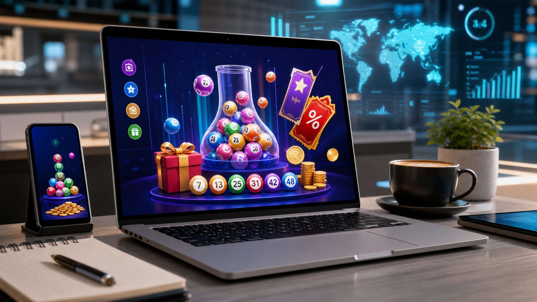 Seorang profesional bekerja dengan laptop yang menampilkan antarmuka digital lotre online, dikelilingi oleh ponsel, kopi, dan catatan di meja kerja yang rapi.