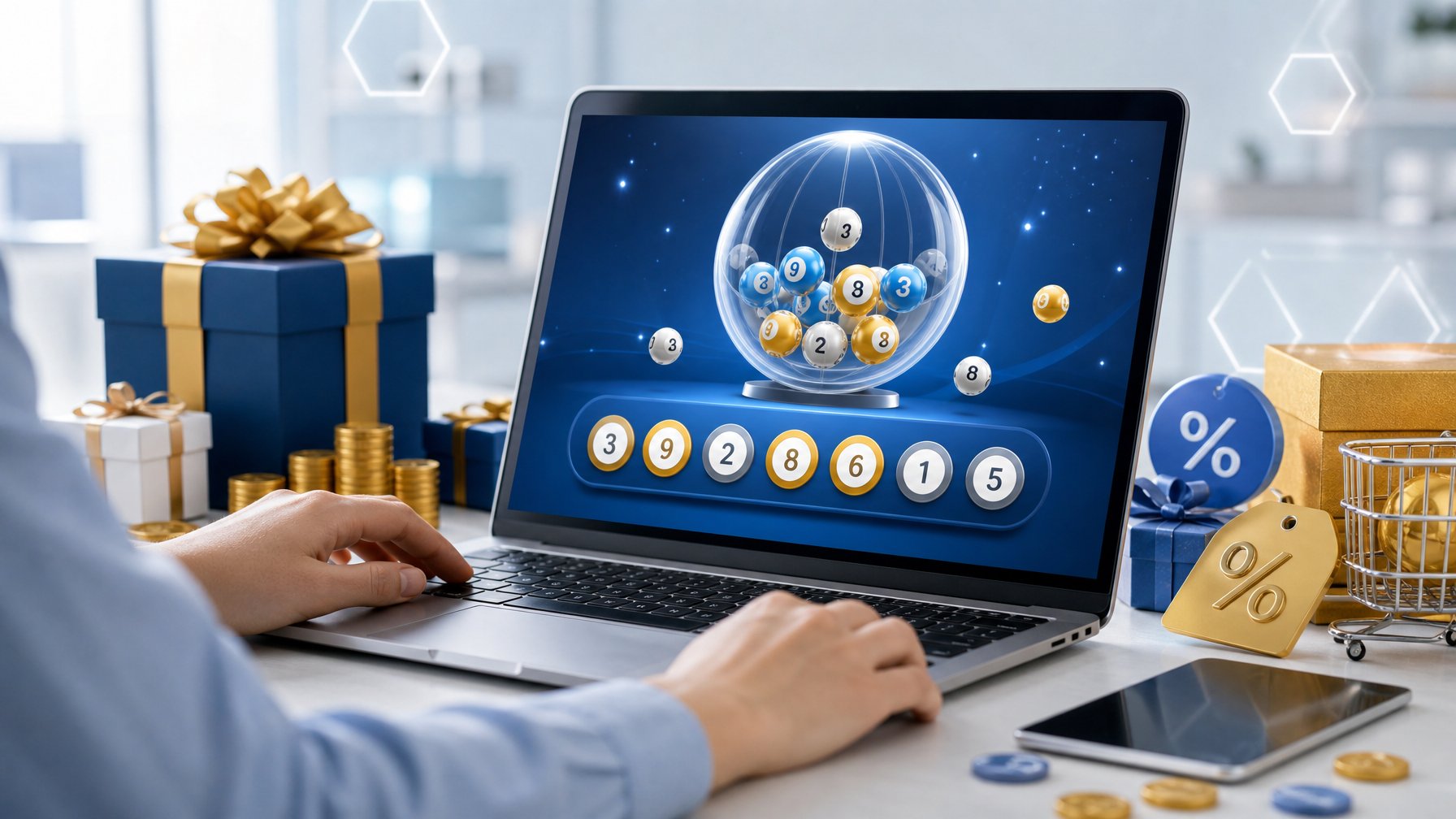 Seseorang menggunakan laptop di meja kerja dengan tampilan antarmuka lotere online dan simbol diskon serta bonus di sekitarnya.