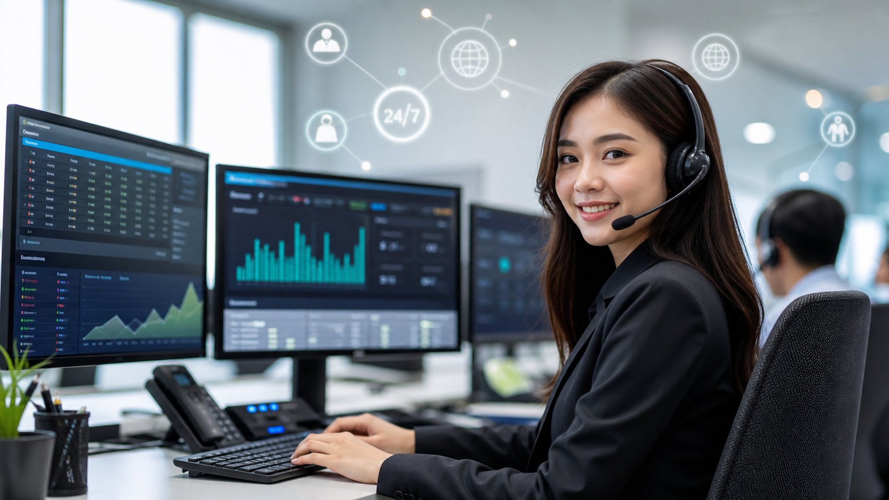 Seorang perwakilan layanan pelanggan sedang bekerja di kantor modern dengan beberapa monitor komputer, menunjukkan suasana layanan pelanggan online yang ramah dan profesional.