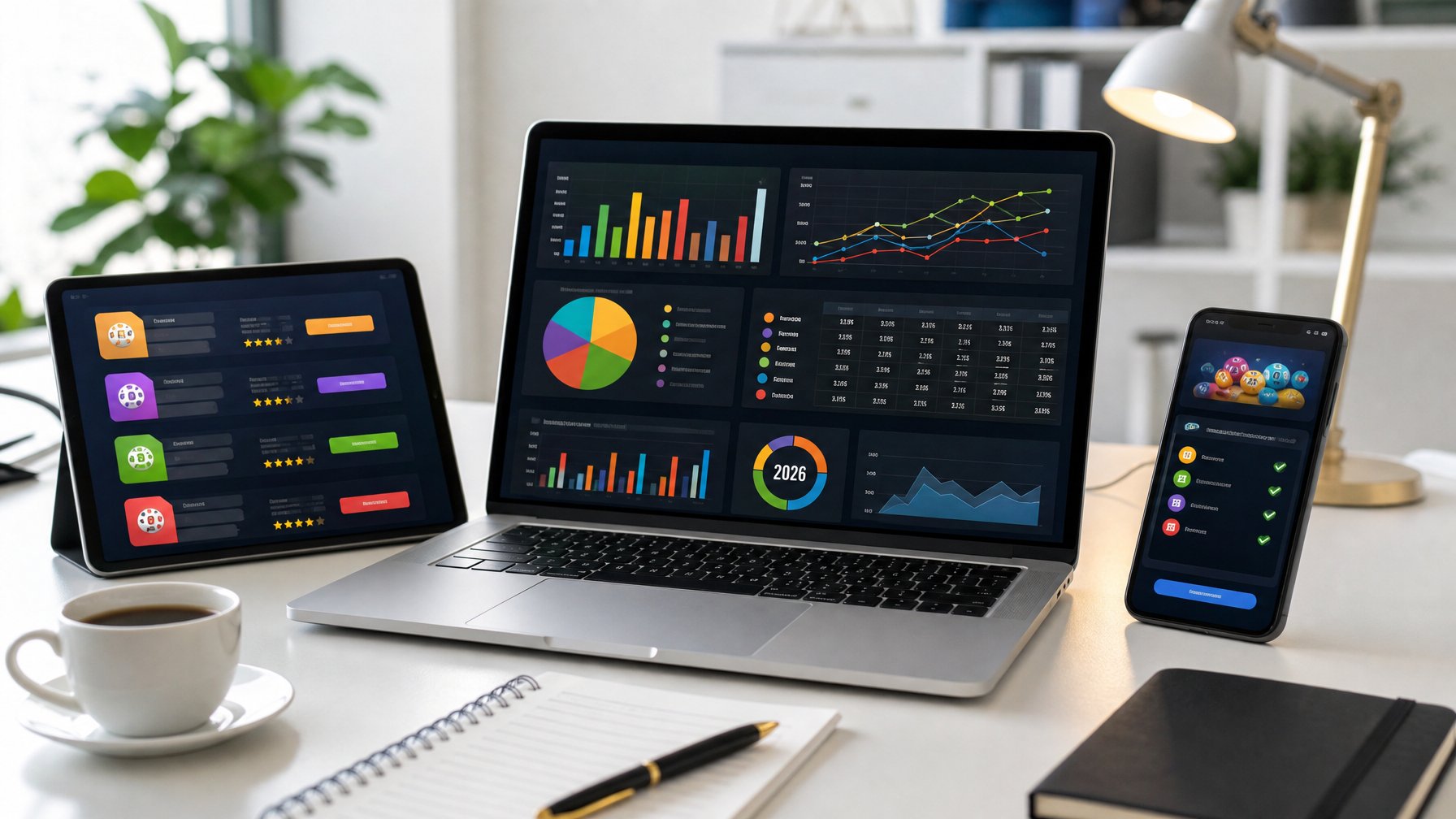Meja kerja modern dengan laptop dan perangkat digital yang menampilkan grafik dan data perbandingan pasar togel online, dikelilingi oleh alat tulis dan cangkir kopi.