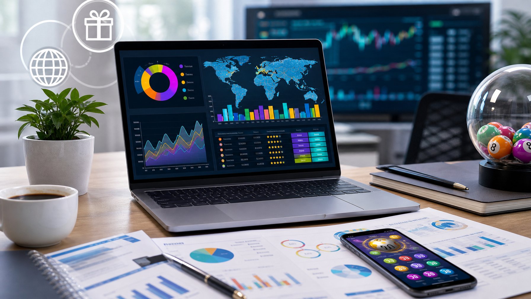 Seorang profesional bekerja dengan laptop yang menampilkan grafik perbandingan bandar togel online, dikelilingi dokumen dan ponsel di meja kerja yang rapi.