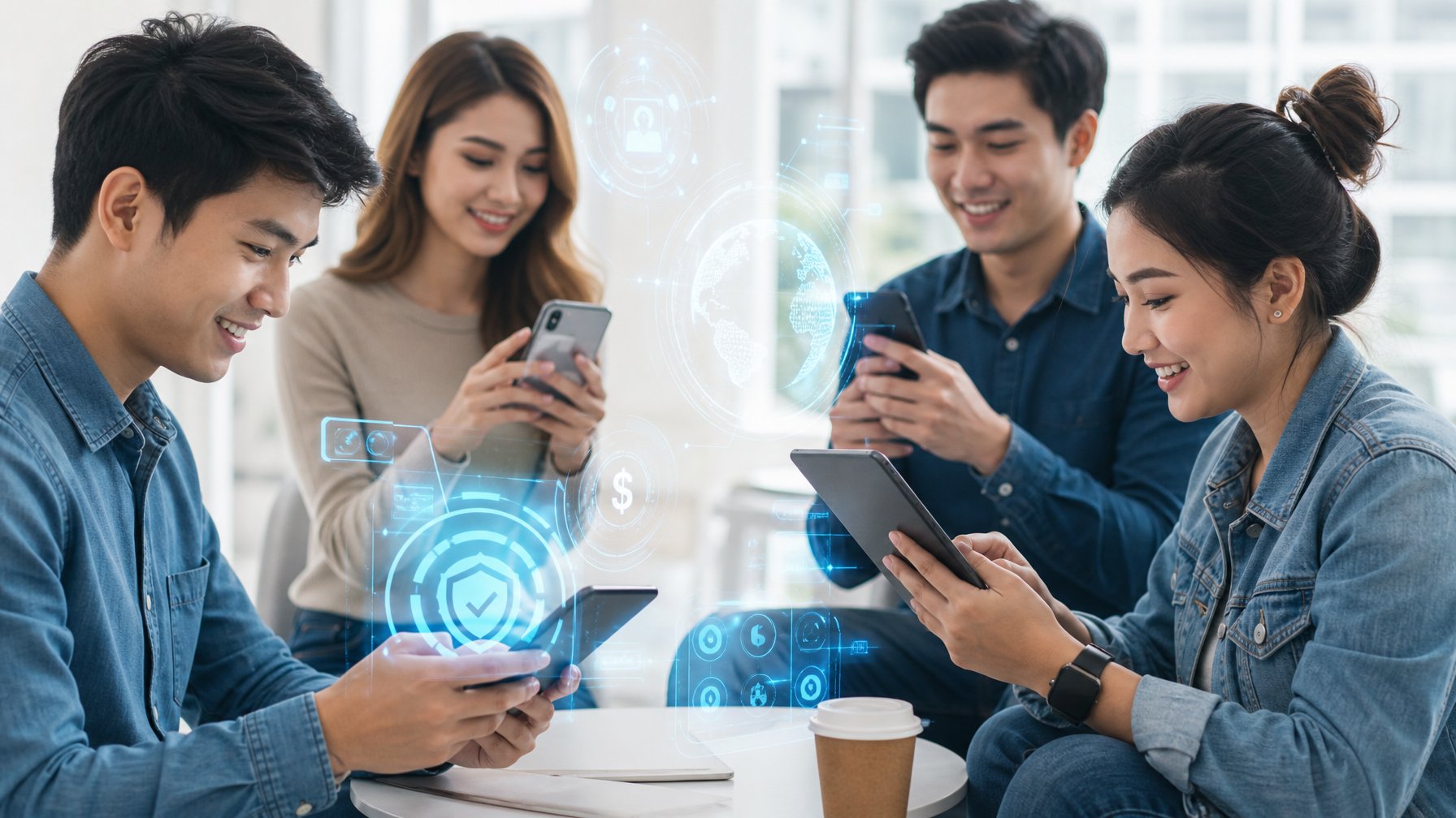 Beberapa orang muda menggunakan smartphone dan tablet untuk melakukan pembayaran digital dalam suasana modern dan terang.