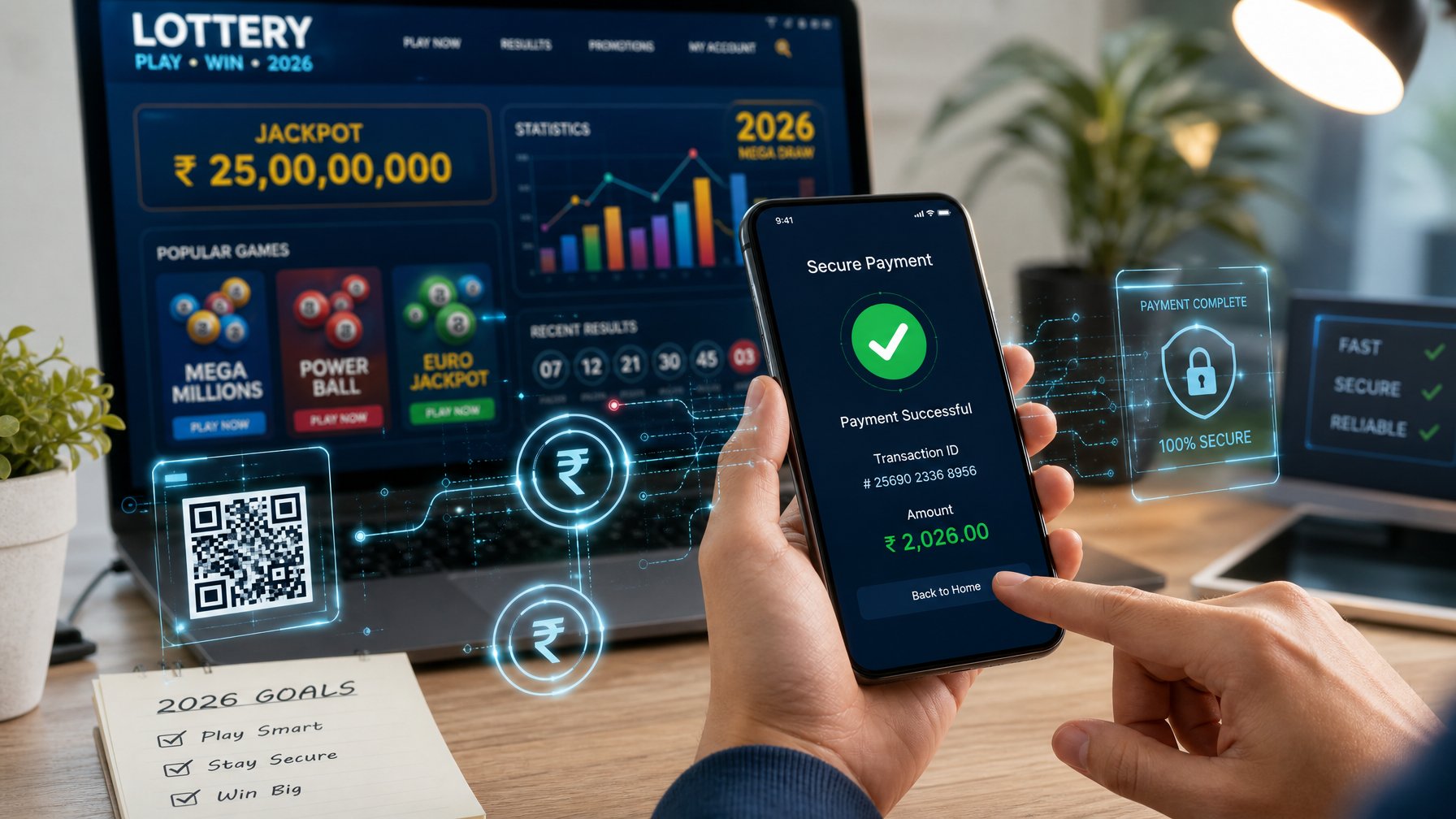Seorang pengguna menggunakan ponsel untuk melakukan pembayaran digital dalam permainan togel online di sebuah ruang kerja modern.