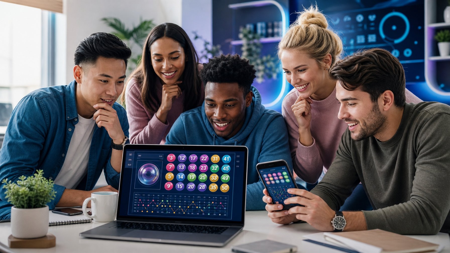 Beberapa orang muda menggunakan laptop dan ponsel untuk bermain togel online di ruang modern yang terang dan nyaman.