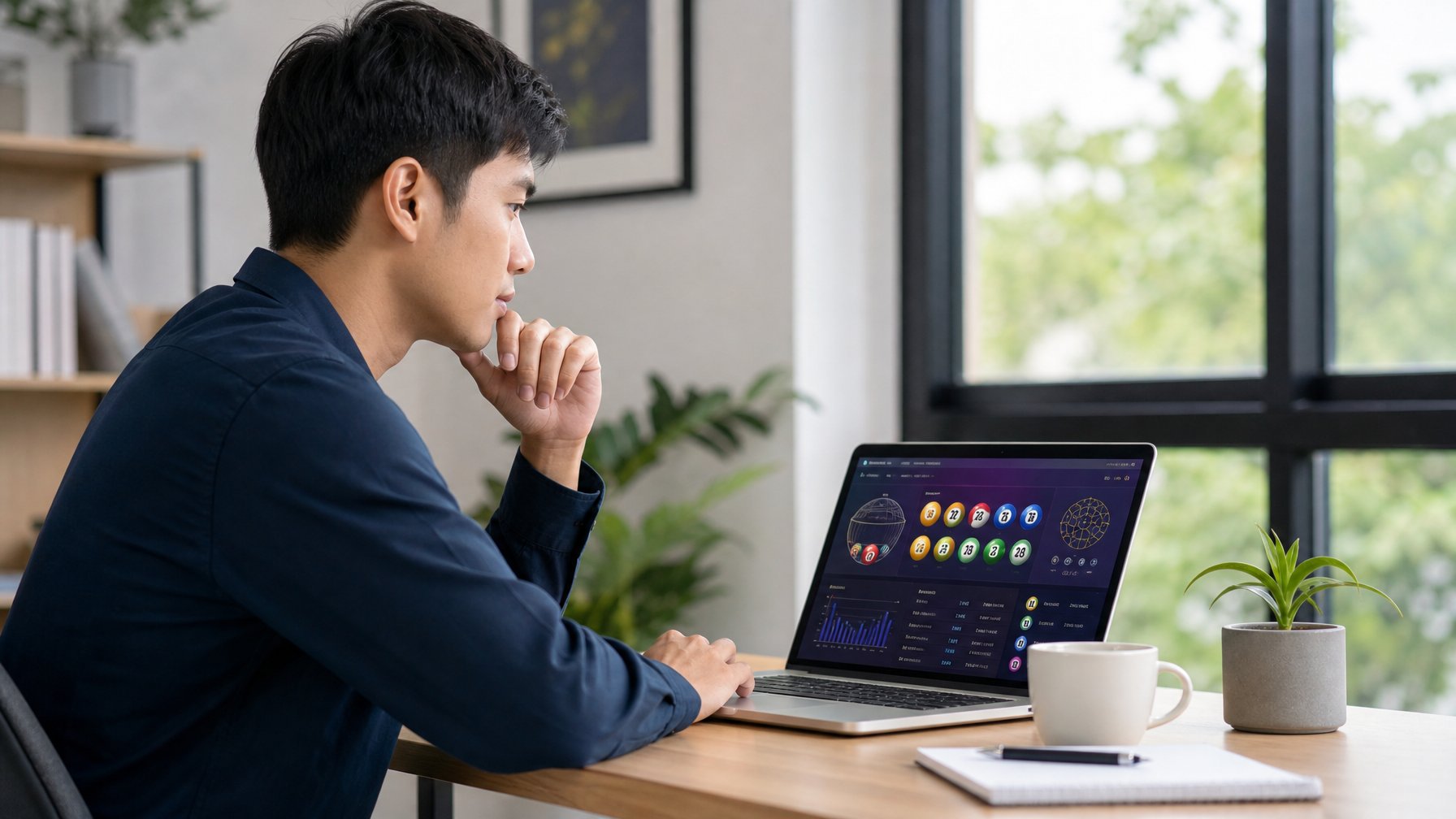 Seorang dewasa muda duduk di meja dengan laptop, fokus melihat layar di ruangan yang terang dan rapi.