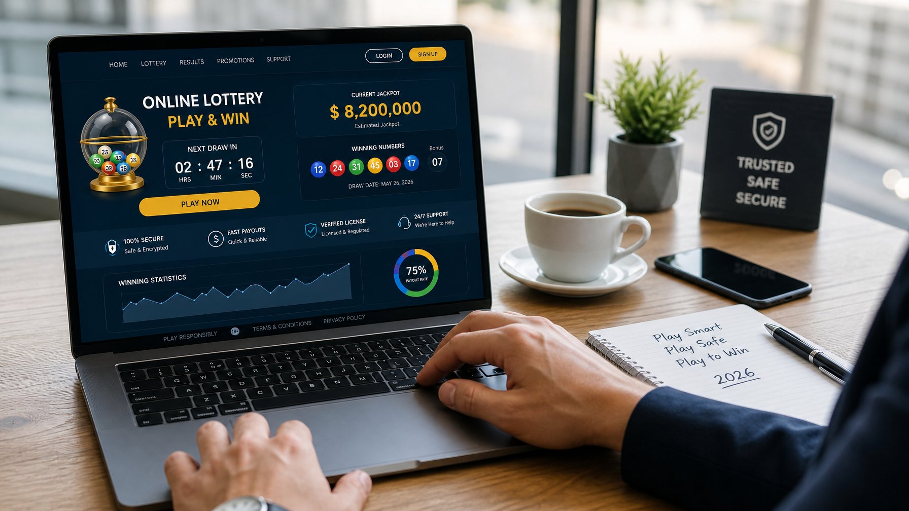 Seorang profesional menggunakan laptop di meja kerja yang rapi dengan perangkat dan alat tulis, menunjukkan aktivitas memilih situs togel online yang aman dan terpercaya.