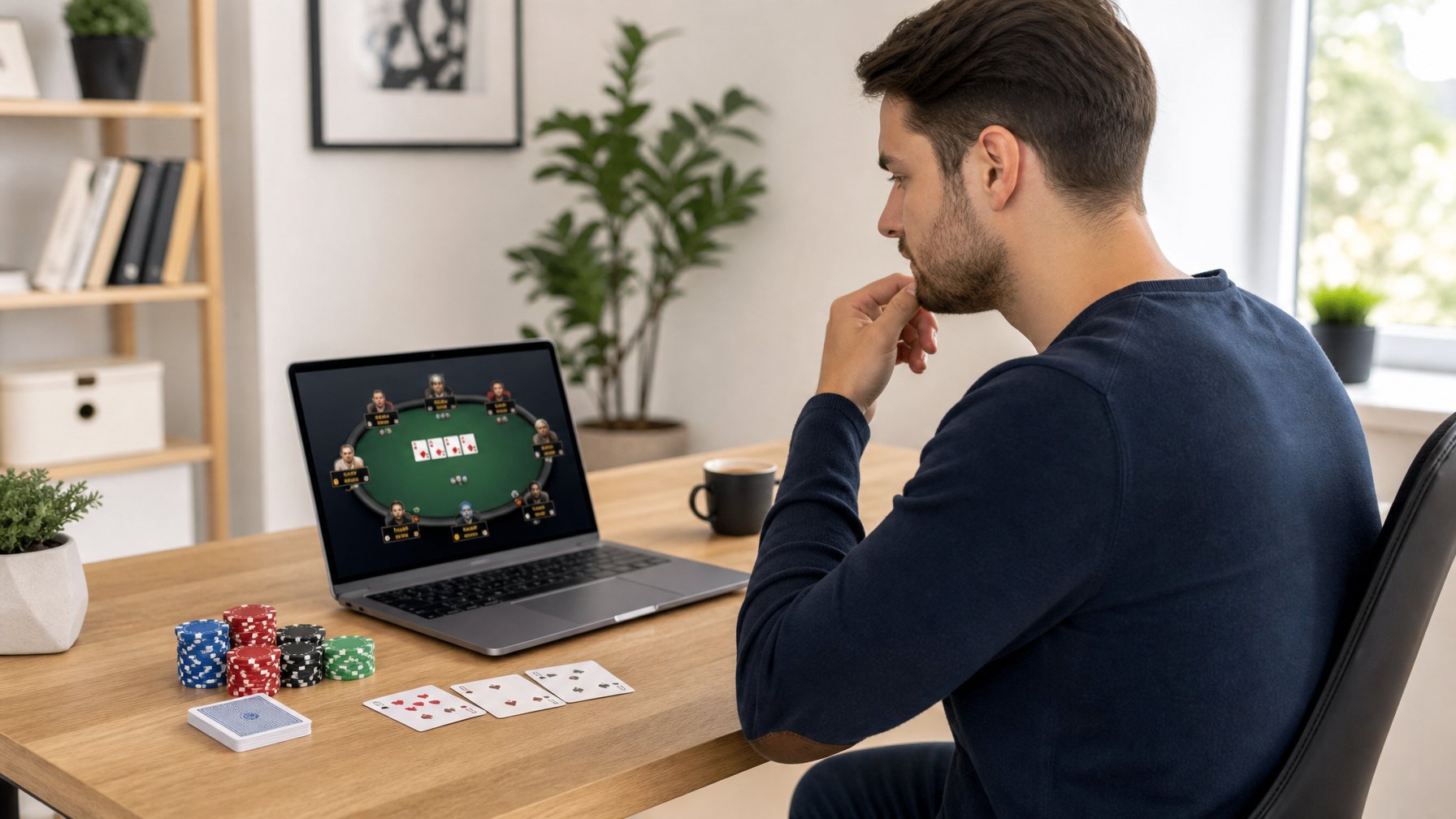 Seorang dewasa muda duduk di meja dengan laptop yang menampilkan permainan poker online, dikelilingi oleh chip poker dan kartu bermain.