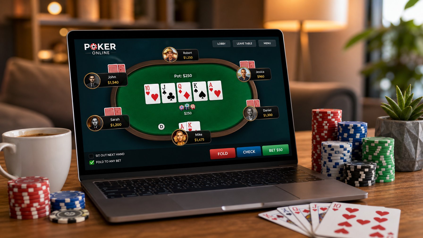 Seorang pemain poker online sedang menggunakan komputer dengan layar menampilkan permainan poker, dikelilingi oleh chip poker dan kartu bermain.