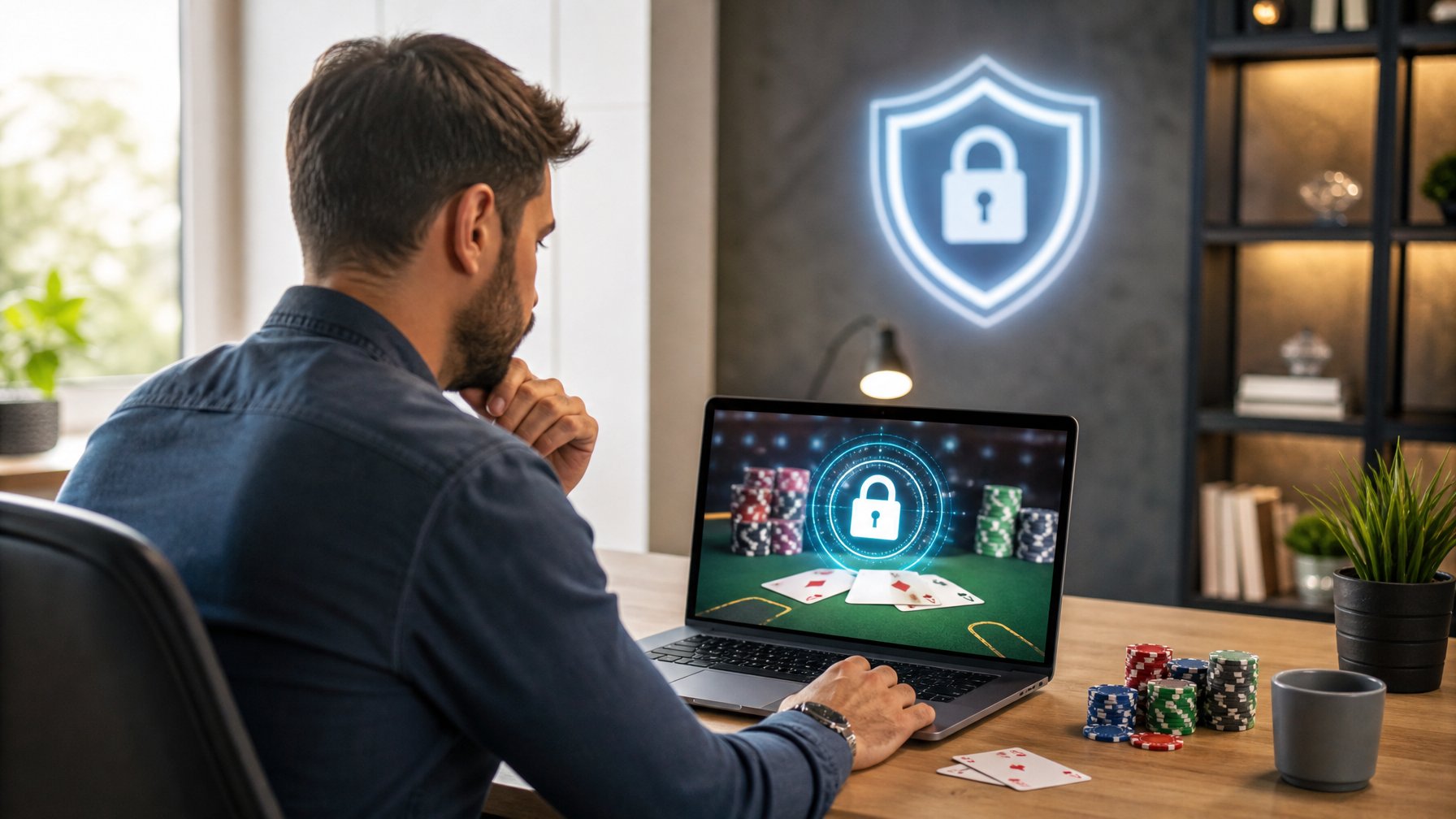 Seseorang duduk di meja dengan laptop, bermain poker online dengan suasana yang aman dan nyaman.