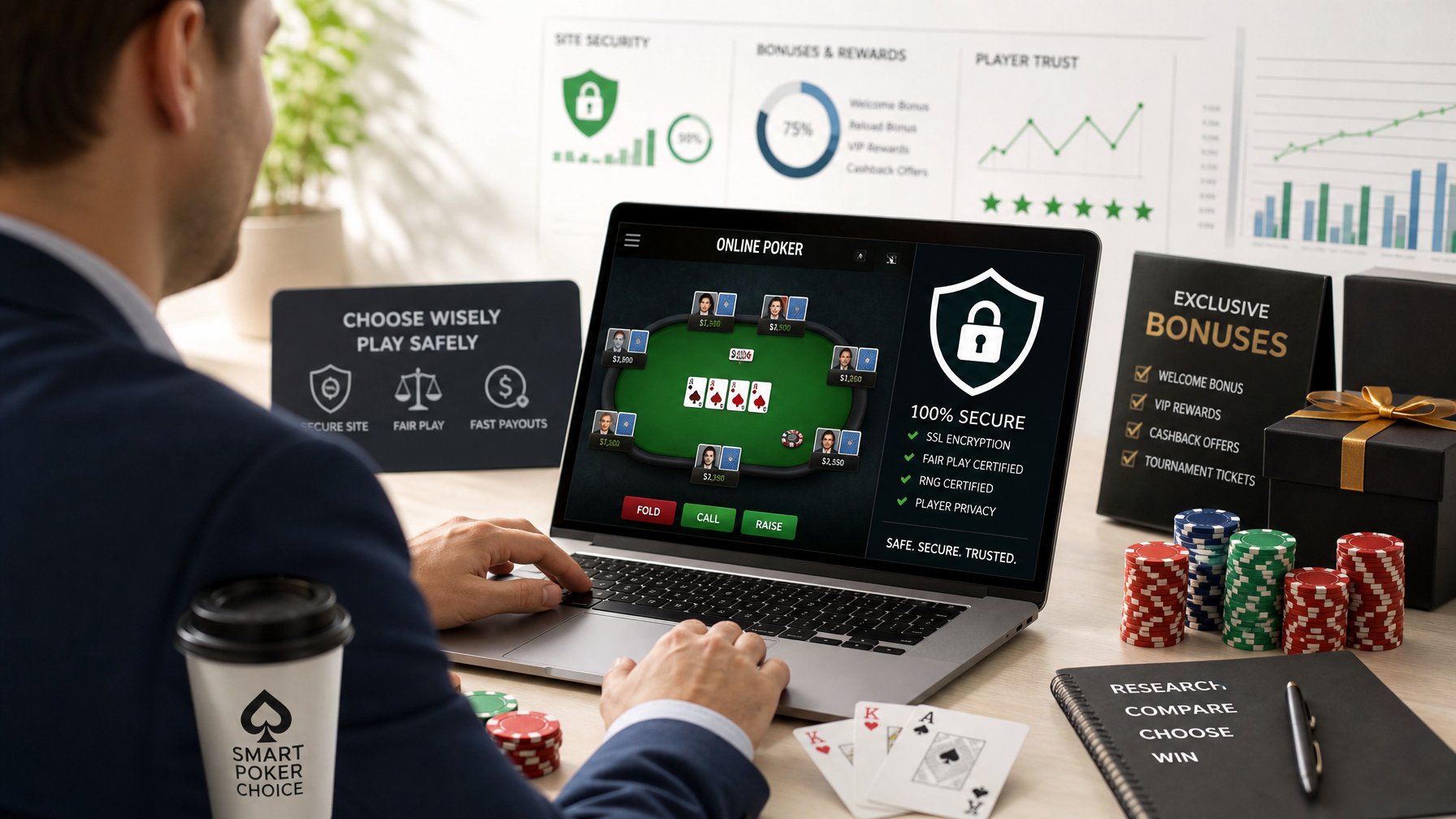 Seseorang sedang menggunakan laptop dengan tampilan permainan poker dan ikon keamanan, di meja terdapat chip poker dan kartu bermain.