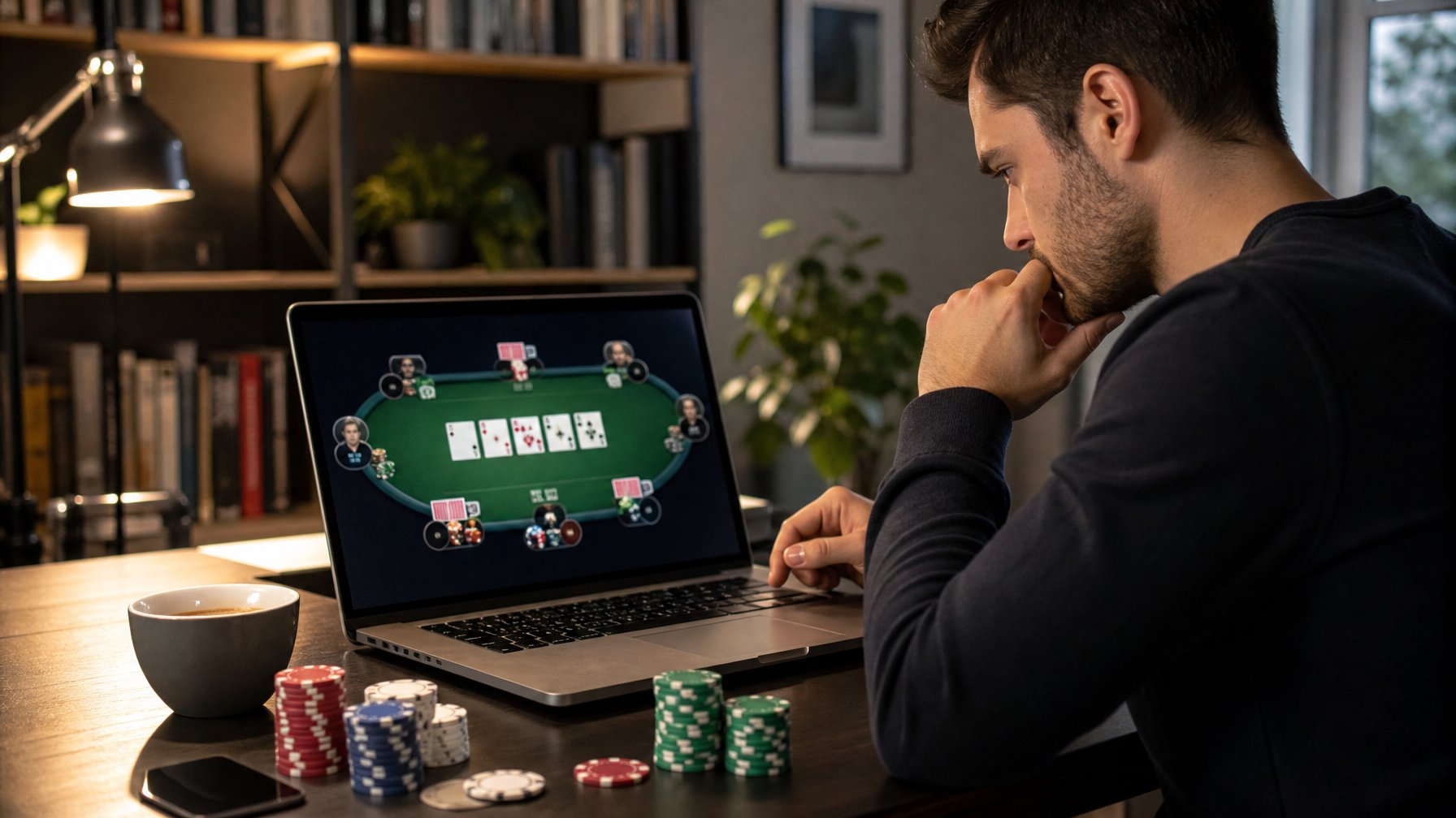 Seorang pria muda fokus bermain poker online di laptop di ruang kerja modern dengan chip poker di meja.