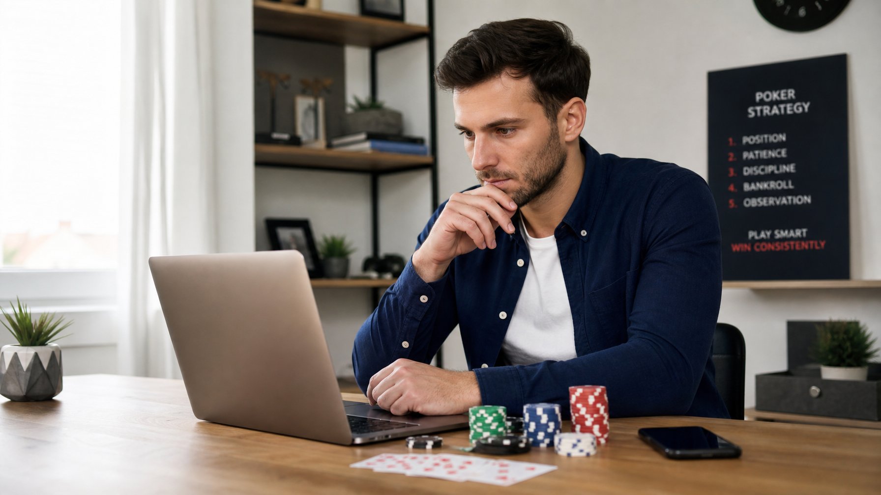 Seorang dewasa muda fokus bermain poker online menggunakan laptop di ruang kerja rumah yang terang dengan chip poker dan kartu di meja.