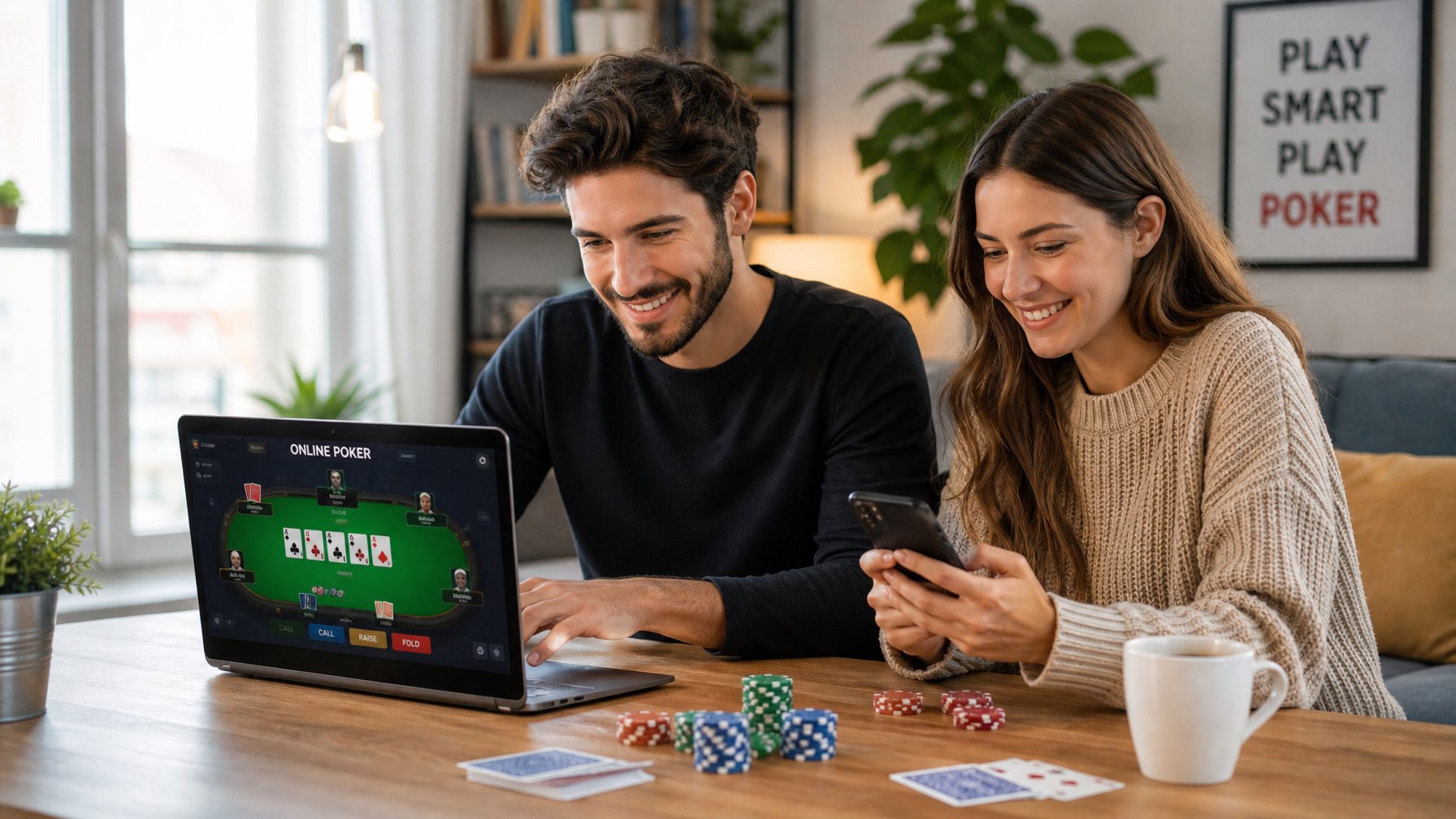 Dua orang muda duduk di meja bermain poker online menggunakan laptop dan ponsel di ruang tamu yang nyaman.