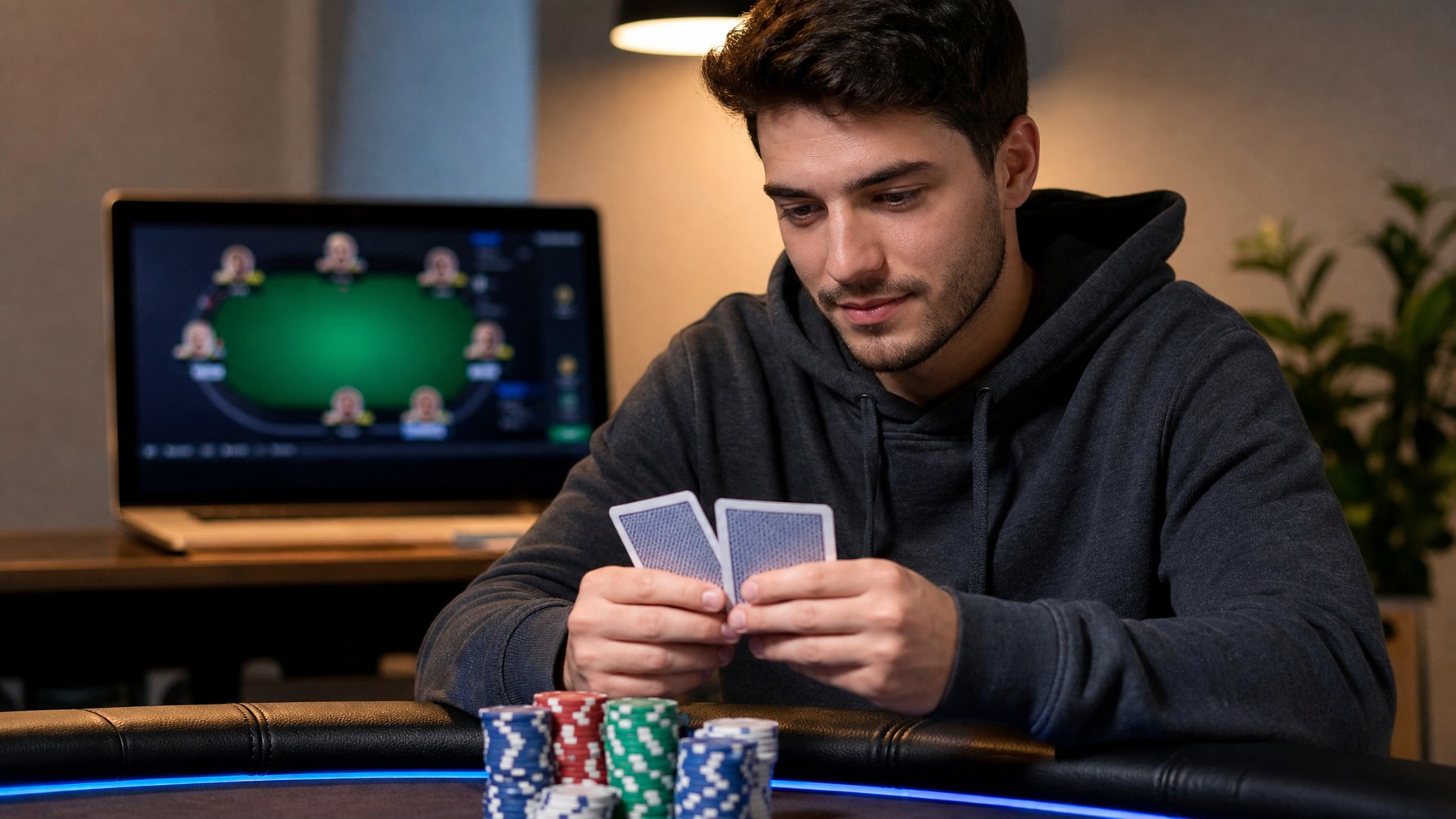 Seorang pemain poker pemula duduk di meja poker dengan kartu dan chip, fokus bermain poker online di depan komputer.